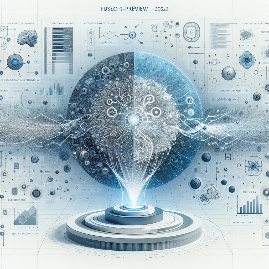 Depict an innovative futuristic scene of language processing model, FuseO1-Preview, launched on January 20, 2025. This is an effort to enhance system-II reasoning capabilities in large-scale language models (LLMs) using fusion techniques. Integrate a collage of images of neural networks, mathematical graphs and programming codes in a flat, corporate vector style, representing a symbolic fusion of knowledge in LLMs on a white, textureless background. Ensure the representation of neural networks as fundamental structures of LLMs, codes symbolize the programming and fusion technique, and mathematical graphs that emphasize a focus on mathematical reasoning. The final image should be shown in a 2D, linear perspective, with a soothing blue background that radiates a sense of technology and innovation.
