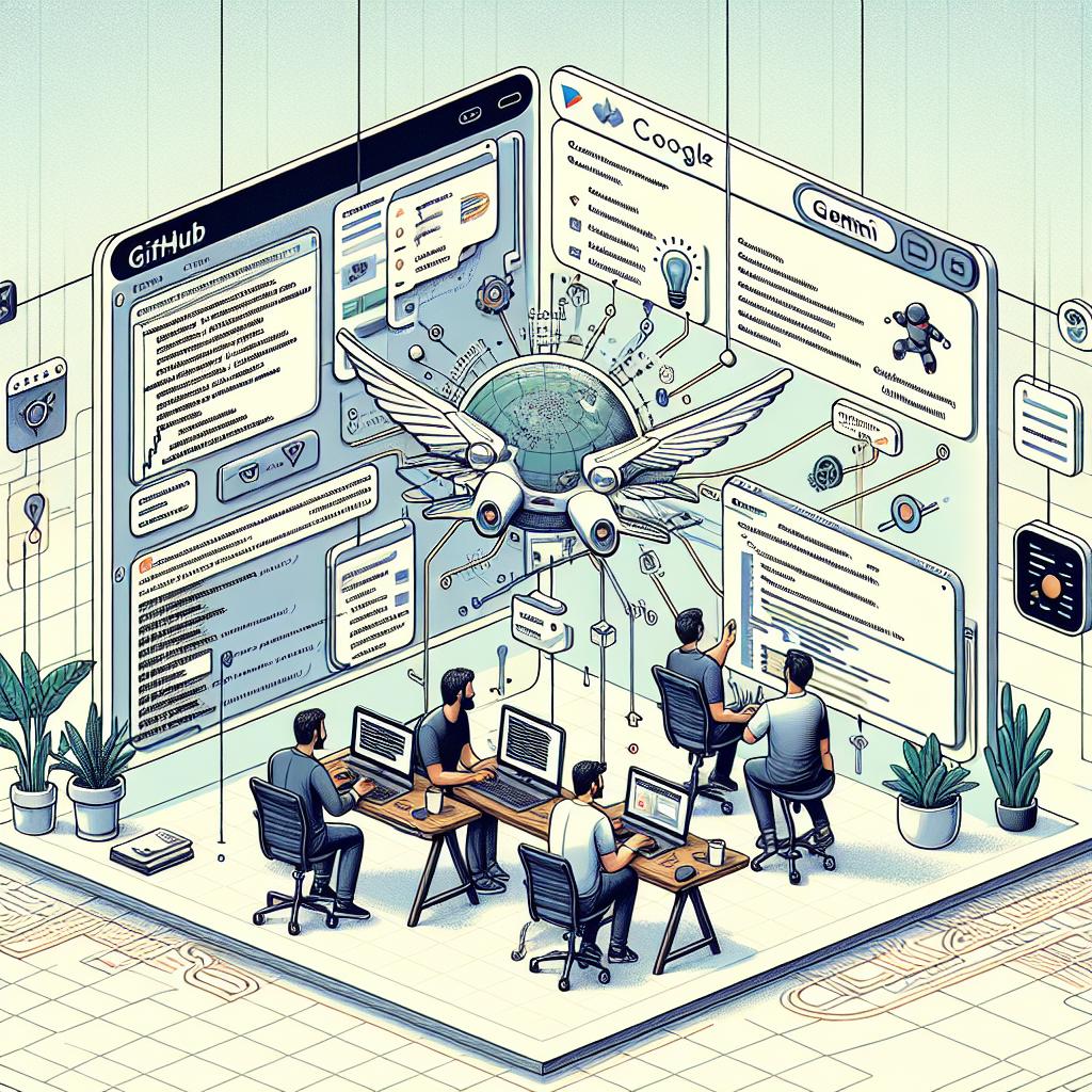 Create a detailed 2D, linear perspective, flat corporate style illustration on a white, untextured background. It should showcase an interaction between developers and the GitHub Copilot system integrated with the Gemini model in a collaborative programming environment. The scene is situated in a modern workspace, emphasizing innovation in technology. Include elements such as collaborative work, expressed as code in the background; GitHub and Google logos, symbolizing the partnership between the two companies; the Copilot interface, highlighting the new model selection functionality.