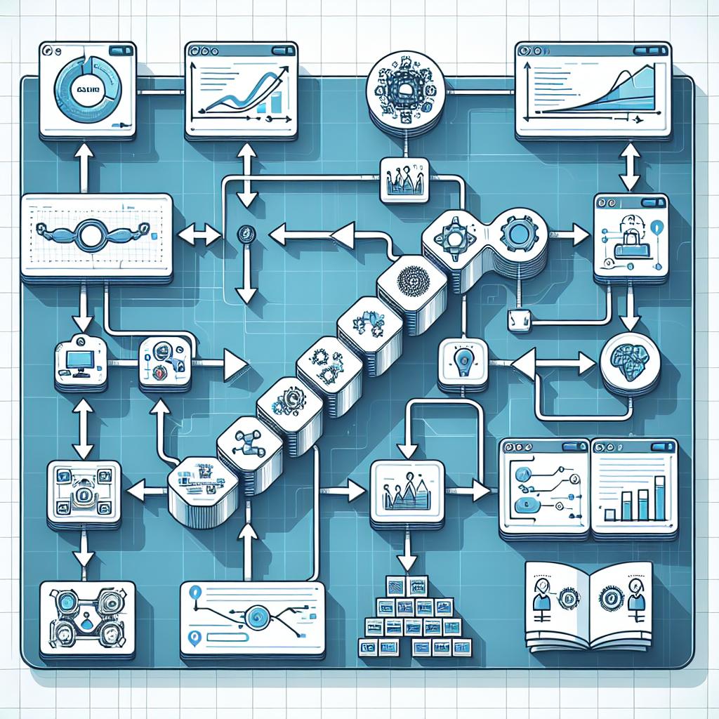 Generate an image in a corporate, flat, vector style, set against a plain, white, textureless background. The image is to be presented in 2D linear perspective. It's an illustration showing a Continuous Integration (CI) and Continuous Deployment (CD) pipeline within the context of Artificial Intelligence (AI) implementation. The pipeline reflects different stages of development, validation, and deployment, each represented by graphs and unique icons. Include additional elements like a representation of the seamless CI/CD flow, icons symbolizing validation and quality tests, and flow arrows indicating the transition between different stages of the process. The image style should be modern and efficient, reflecting the ongoing modernization of AI model implementation.