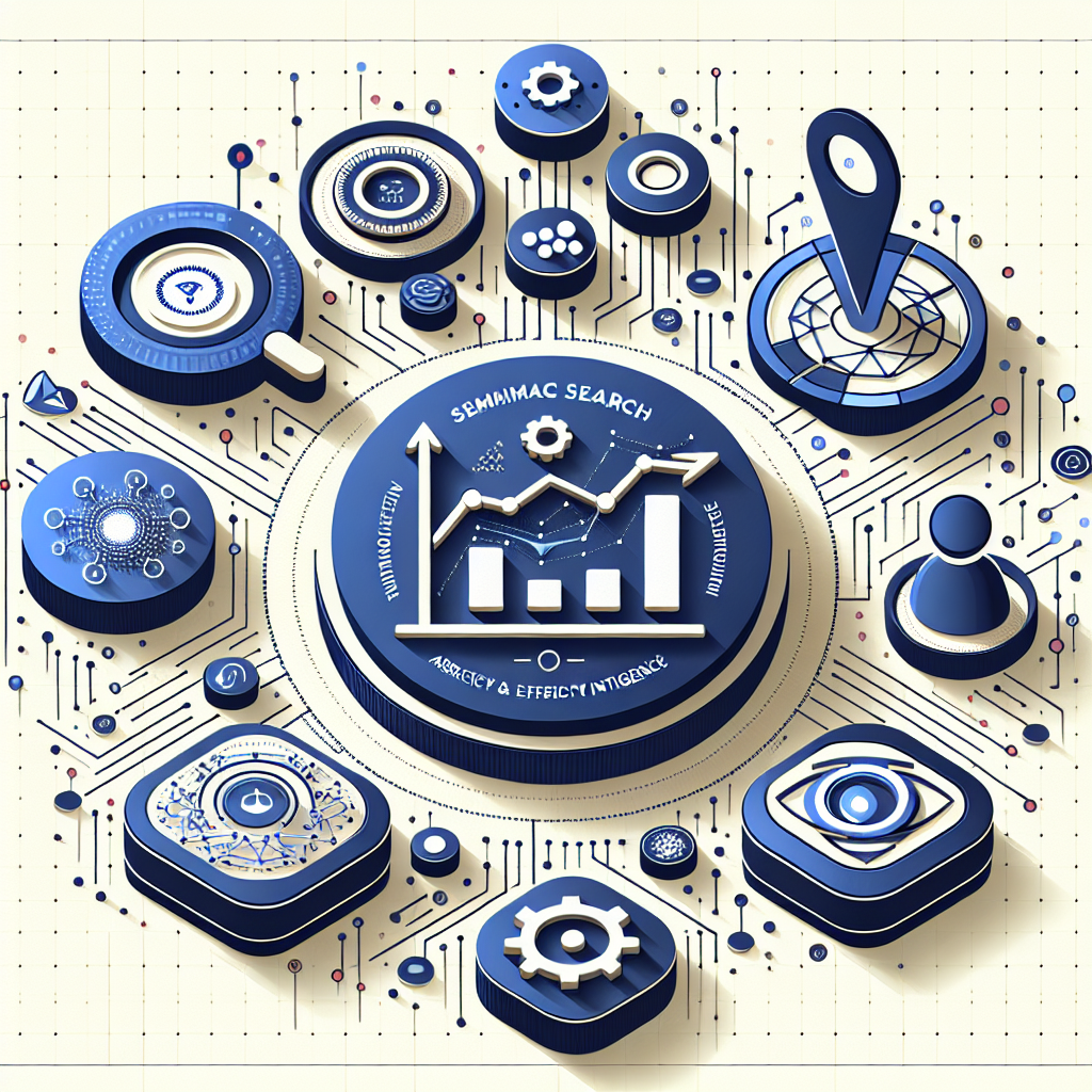 Create a 2D modern vector illustration with a flat and corporate style on a plain white background. The image should represent semantic search technology, displaying elements symbolizing data and artificial intelligence. Central to the image, portray a performance graph indicating growth, denoting improved accuracy and efficiency of the Embed model. Include also various icons representing the different functions of the Embed model. The entire image setup provides an indication of a technological and innovative environment.