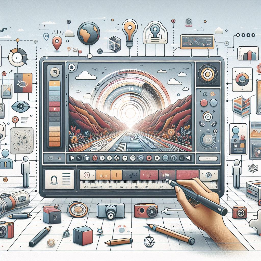 Create a digital illustration in a vector, flat, and corporate style symbolizing an exciting tech event that occurred on October 16, 2024. The scene should represent the interaction between users and image editing tools, emphasizing the impact of artificial intelligence on design. The setting is from a 2D, linear perspective against a white and textureless background. Additional elements for the image include icons of editing tools to represent the editor's new functionalities, visual representations of user profiles to symbolize customization, and subtle video and 3D animations to display the new capabilities under development.