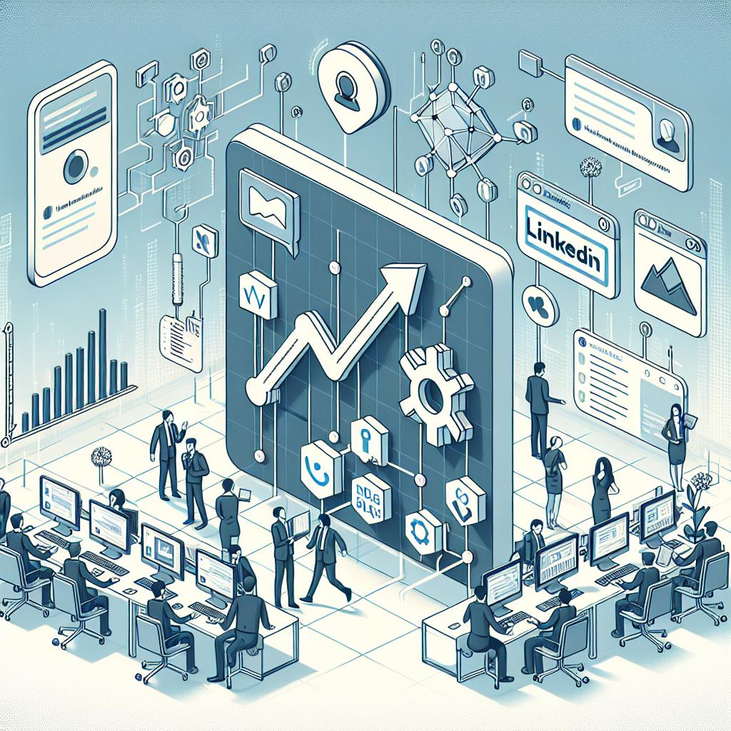 Illustrate an image demonstrating the utilization of KaibanJS in automating content creation for platforms like X, LinkedIn and Discord amidst a modern office environment with digital devices in use. The 2D, flat, and corporate vectorial style image should have a white, textureless background. Elements to be incorporated include social media icons representing the various platforms for which content is generated, snippets of programming code symbolizing the technical aspects of KaibanJS's use, and an ascending graph to represent the positive impact of automation.