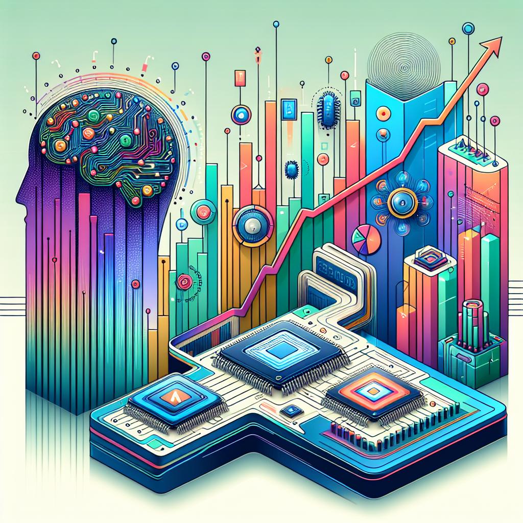 An image that showcases the impressive growth of Marvell Technology's stocks. The style is vectorial, flat, and corporate with a blend of vibrant colors to highlight the optimism and growth of the sector. The image is set against a smooth, white background. The perspective is 2D and linear. At the core of this image is a line chart showing the appreciation of the company's stocks over time. There are elements that symbolize artificial intelligence, such as chips. These components illustrate the buoyant demand for AI chips, which is driving the company's optimistic forecast for the fourth quarter.