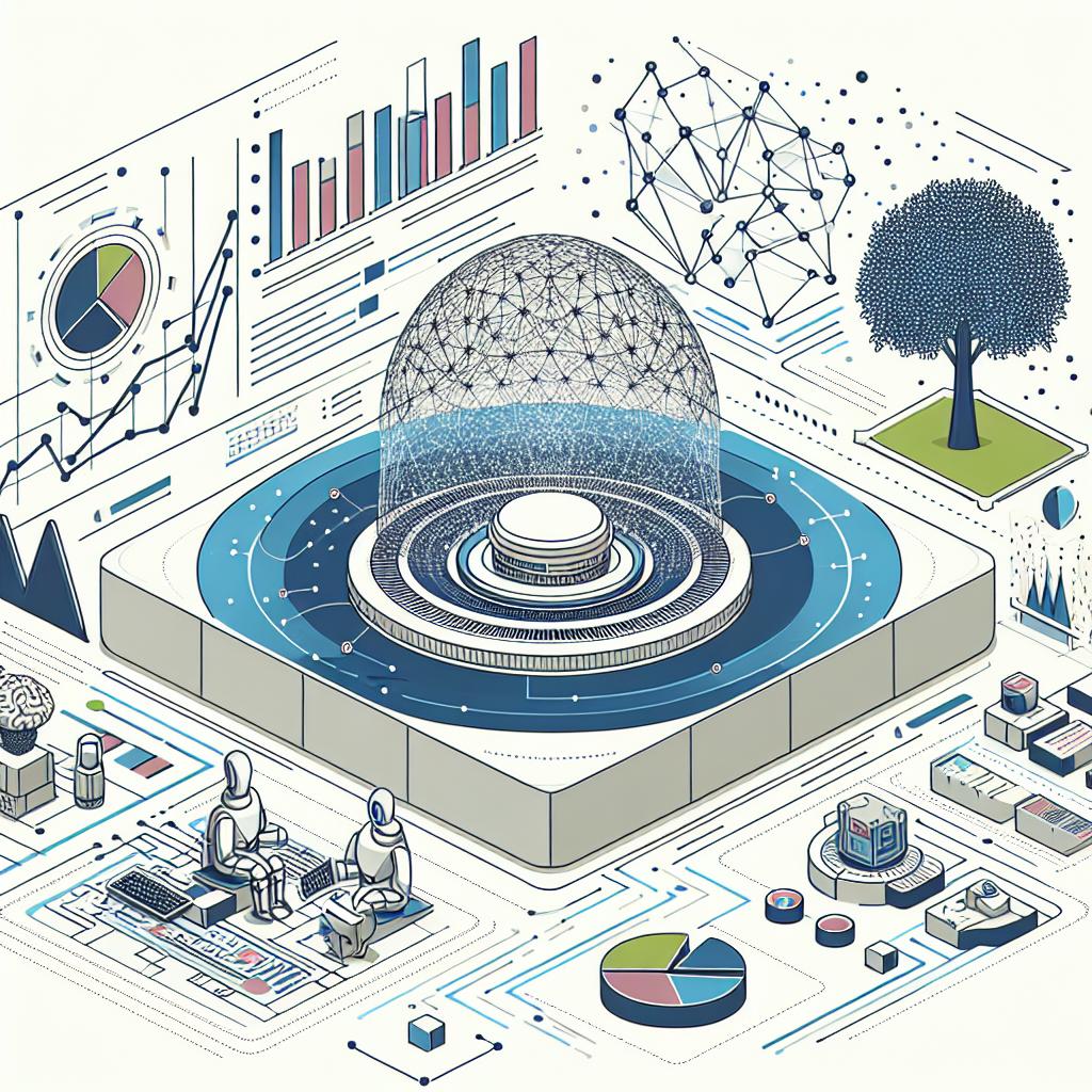 An intricate vector-style illustration in a corporate palette and flat design. The scene is set on a white and textureless background, in a 2D linear perspective. In this image, you can see an advanced artificial intelligence machine interacting with a dynamic and complex environment, exemplifying how world models function in practice. There are data graphs around, illustrating the correlation between information processing and results. The environment contains a variety of scenarios signifying the importance of diverse data for these models.