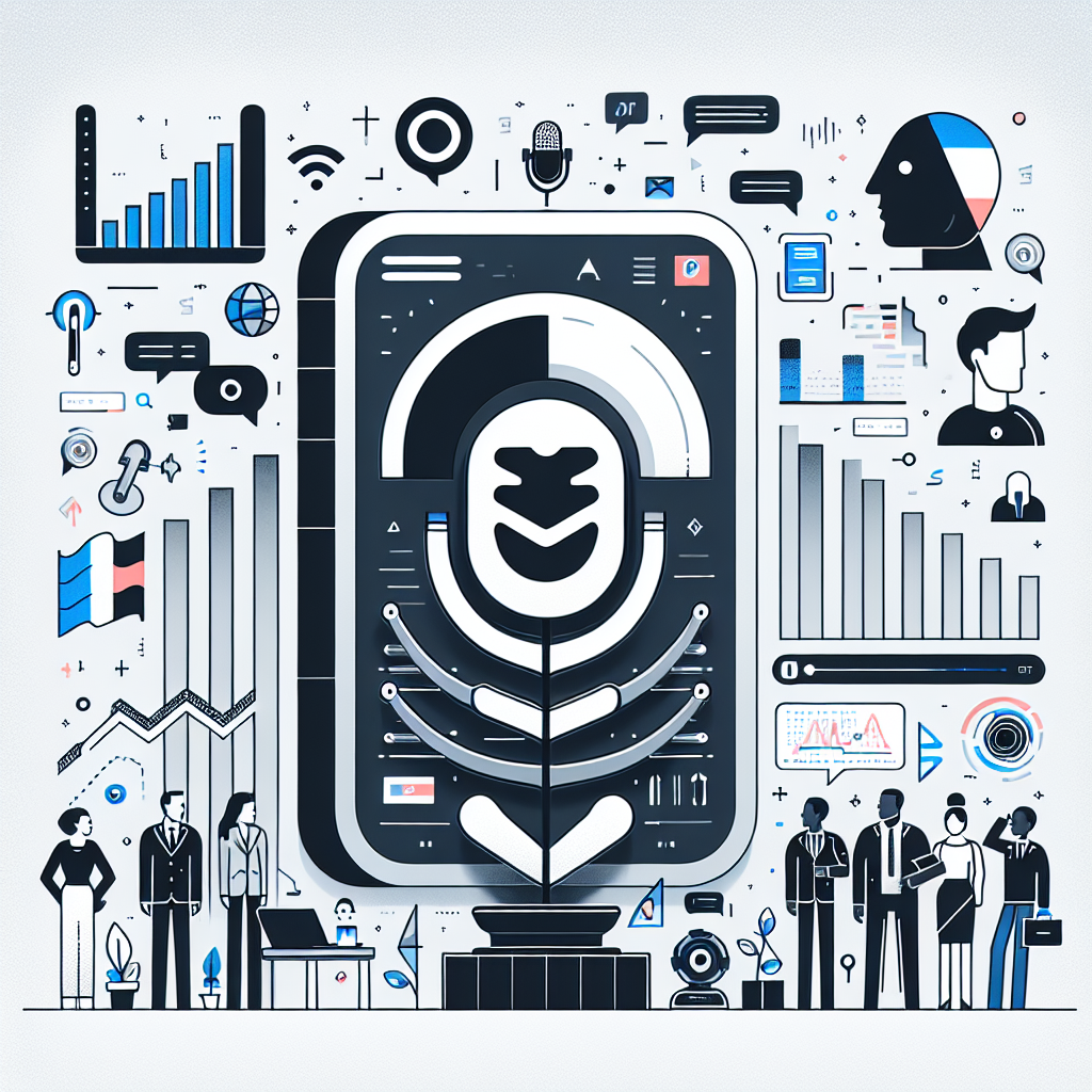 Create a 2D, vector-style image that is corporate and flat. The image should be set on a plain white background. It depicts various French text-to-speech tools, with a highlight on the interface of ElevenLabs. The background contains elements representing technology including audio and speech-related icons, like a microphone and a speaker. Also showcased are growth graphics symbolizing the rising demand for French content, a software interface illustrating the ease of use, and the French flag denoting the focus on the French language. There are figures of people from various descents such as Hispanic, Black and Middle-Eastern engaged in listening, which signifies the audience's engagement with the content.