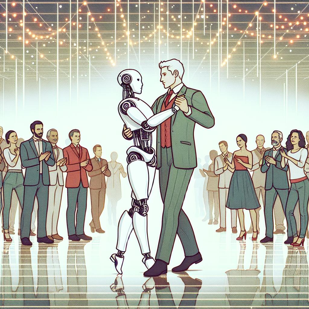 Generate a vectorial, flat, and corporate style picture set in a 2D linear perspective. The foreground of the image features a humanoid robot showcasing advanced robotics as it performs a waltz dance adeptly with a Caucasian male, representing human-machine interaction. They're seen in a festive party environment, signifying the social applications of technology, bathed in soft lighting. The background depicts an assorted audience of Middle Eastern men, Hispanic women, and South Asian individuals, keenly observing and reflecting interest and acceptance in AI technologies. The backdrop of the illustration is a textureless white.
