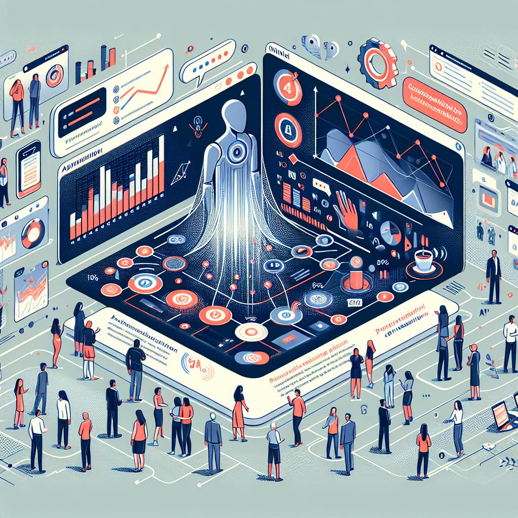 Create an image in a flat, vector-based, corporate style with a 2D linear perspective. The background is plain and white, without any texture. The foreground depicts a modern interface to represent technological advancement. There are dynamic charts and graphic elements, symbolizing the fluidity of conversations. The image includes diverse characters and users showing the personalization of interaction and the engaged user-community. The characters can be seen interacting with the AI, and users giving suggestions and feedback. Its main objective is to depict the reduction in repetitive conversations by 30% due to an important AI model upgrade.