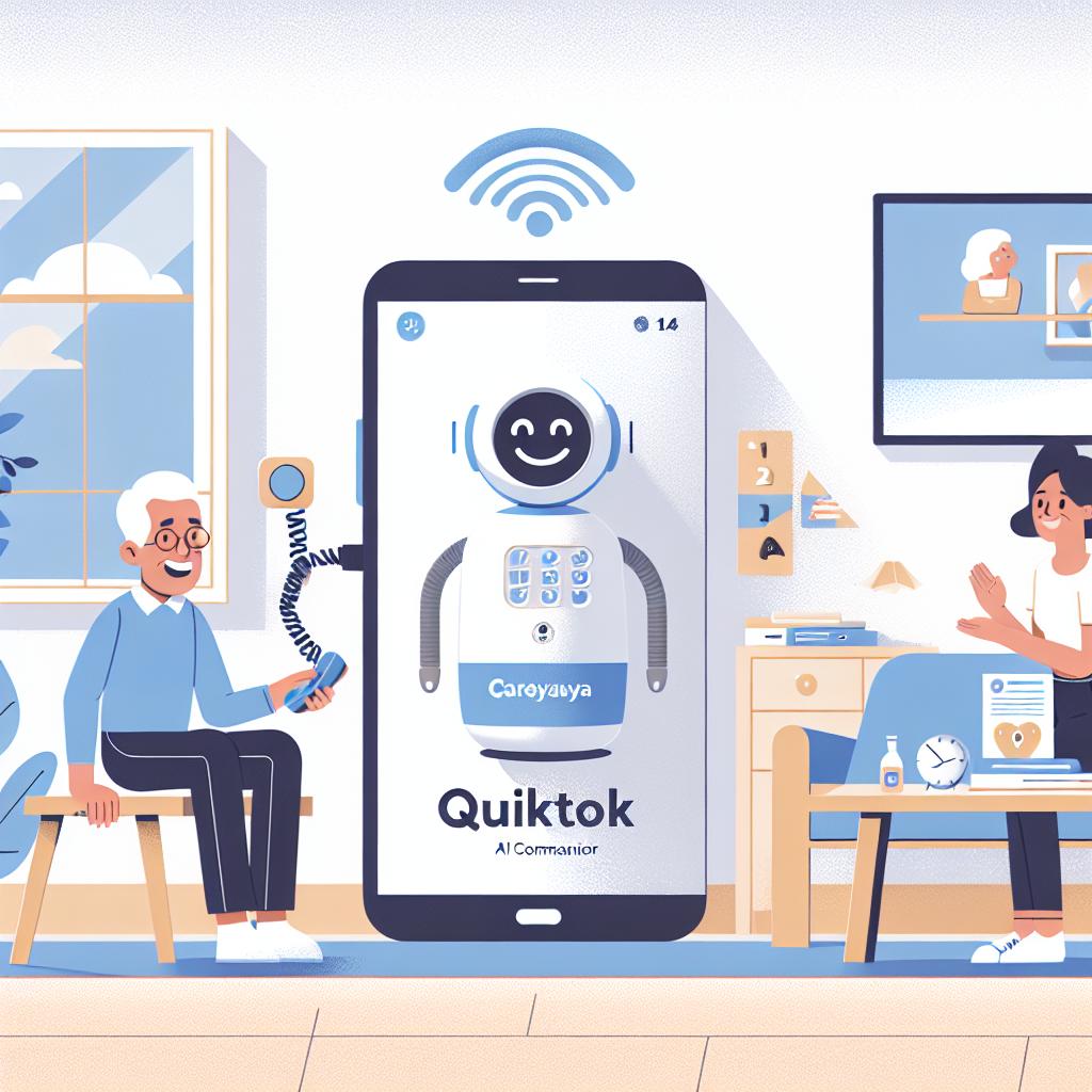 Create an image showcasing an innovative AI companion for seniors, QuikTok, by CareYaya Health Technologies. The purpose of QuikTok, a tool designed to combat loneliness and monitor early signs of cognitive decline and mental health, should be clearly conveyed. The focus should be on a cheerful senior citizen interacting with QuikTok through a telephone within a cozy domestic environment, such as a comfortable living room. The style should be flat and corporate vector visuals. The background should be plain white without any texture. The perspective should be 2D and linear. Additional elements should include a telephone symbolizing the accessibility of the service, a living room symbolizing comfort and familiarity, and the senior's smile conveying joy and connection.