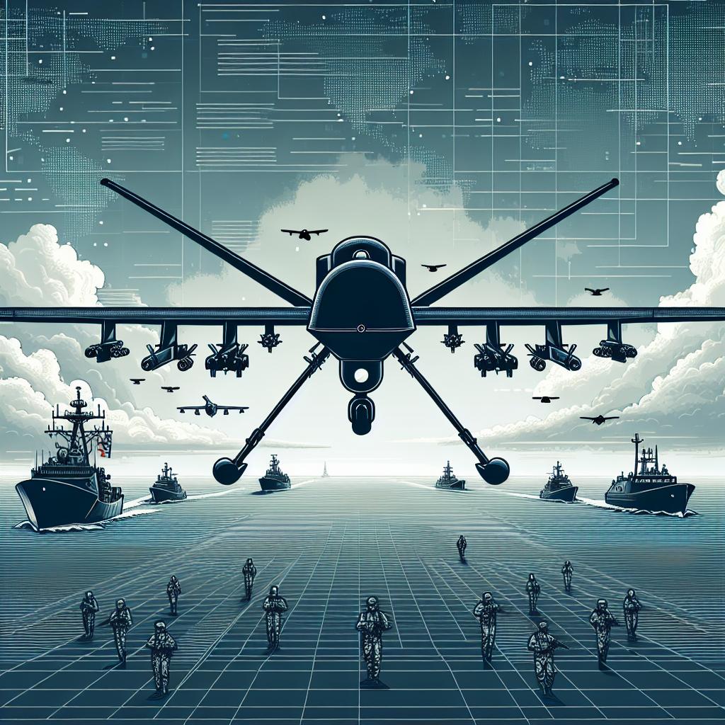 Visualize a scene showing the transformation of contemporary war tactics and technological innovation. At the center of the image, design a medium-sized, flat, and dark-colored naval drone over the sea, signifying the leap in innovation. Behind the drone, display a cluster of distant ships under a tense, cloudy sky, representing the conflict on the horizon. The image should have a maritime ambiance, achieved by using hues of deep blues. To add a human element, illustrate subtle silhouettes (not too detailed) of operators or guerrillas, highlighting their involvement in drone operations. Use a clean, white, and textureless background for 2D linear perspective. This image should be constructed in vector style, synonymous with corporate aesthetics.
