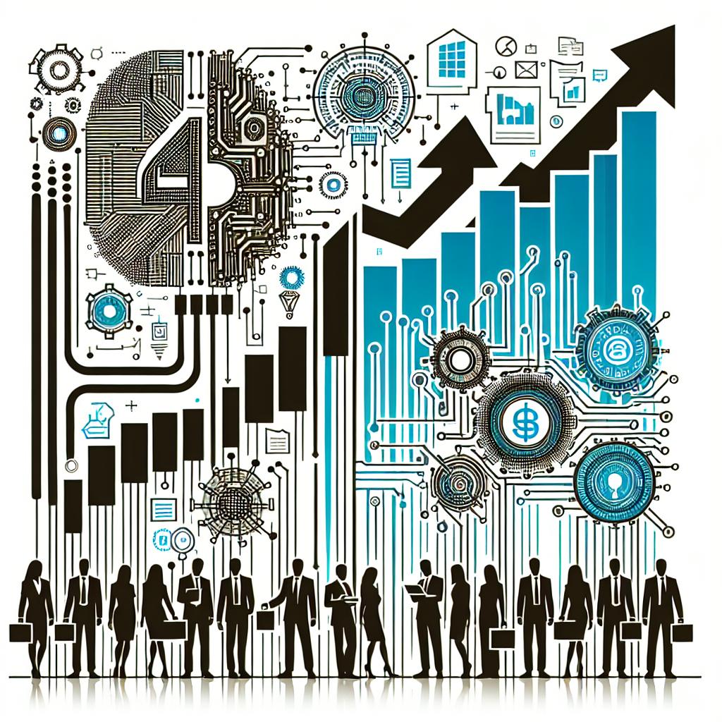 Generate a 2D, linear perspective image in a corporate, flat, vectorial style. The image should be on a white, texture-less background. The main elements should be stylized, unbranded logos representing two tech companies partnering. The logos should not be the actual logos of C3.ai Inc and Microsoft to comply with the policy but could be made to look like abstract symbols: the first to represent industrial AI, and the second for a large tech conglomerate. There should be graphics illustrating positive financial growth, expanding upwards and to the right. Please include images of men and women technology professionals of various descent (e.g., Caucasian, Hispanic, Black, Middle-Eastern, South Asian) emphasizing teamwork and innovation.