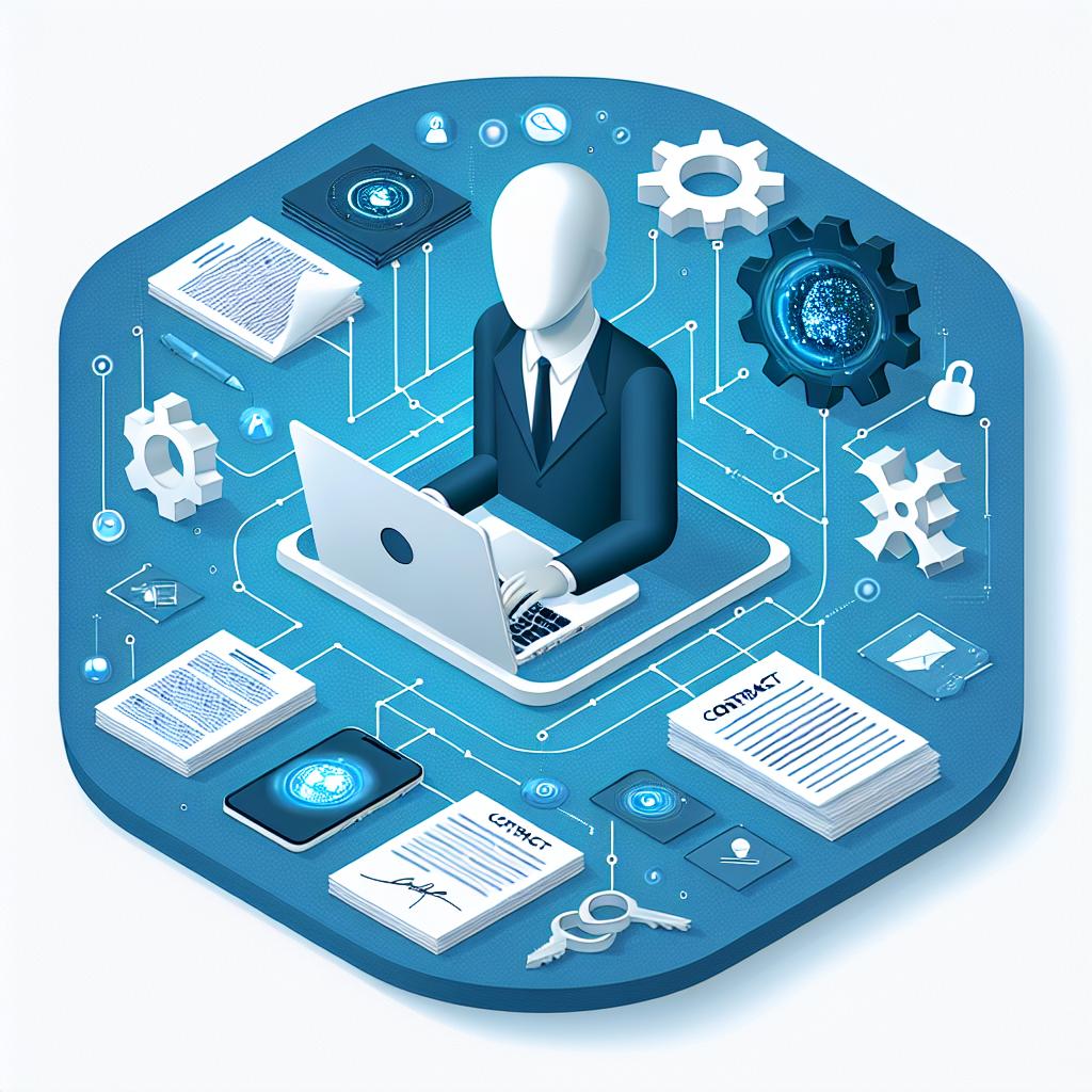 Create a 2D, vector styled image with a corporate feel and a flat white background. In the center, depict an anonymous user on a laptop. The user should be surrounded by artificial intelligence icons, such as gears, and contracts or legal documents. The color scheme should lean towards blues and whites to convey modernity and reliability. The laptop signifies the application of technology for contract analysis, the AI icons symbolize the applied artificial intelligence in work, and the documents represent the contracts being analyzed.