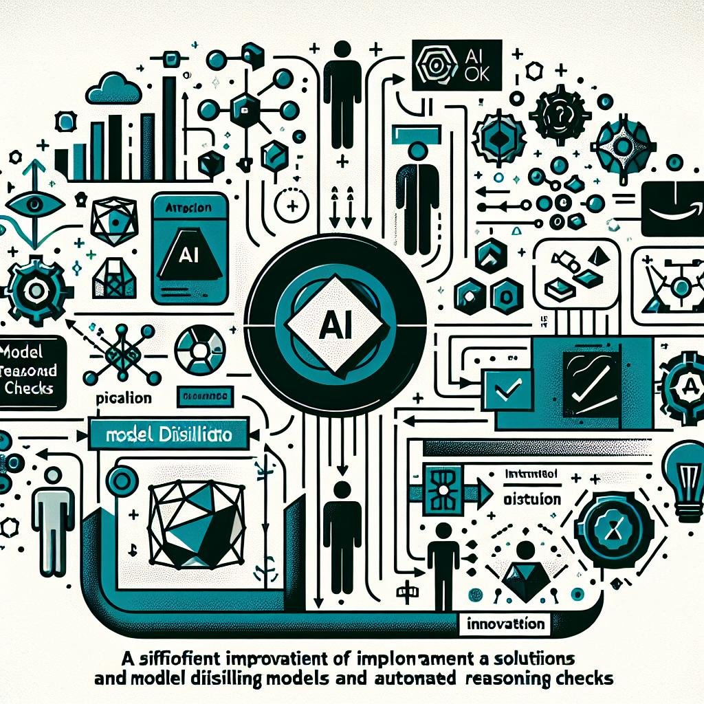 Create a 2D, linear, vector-style illustration with a flat, corporate look. The background should be white and textureless. The central theme of the image is the integration of AI models, with a particular emphasis on Model Distillation and Automated Reasoning Checks as key tools. Use elements such as AI and data symbols to signify the implementation of artificial intelligence—these can be represented in shades of blue, symbolizing technology. Also include graphics indicating the improvements in the implemented solutions, rendered in green to represent innovation. Lastly, incorporate silhouettes of people to indicate the human impact of this technology. Try to convey the message of a significant improvement in the Amazon Bedrock system, focusing on the detection and training of smaller, more adaptable models.