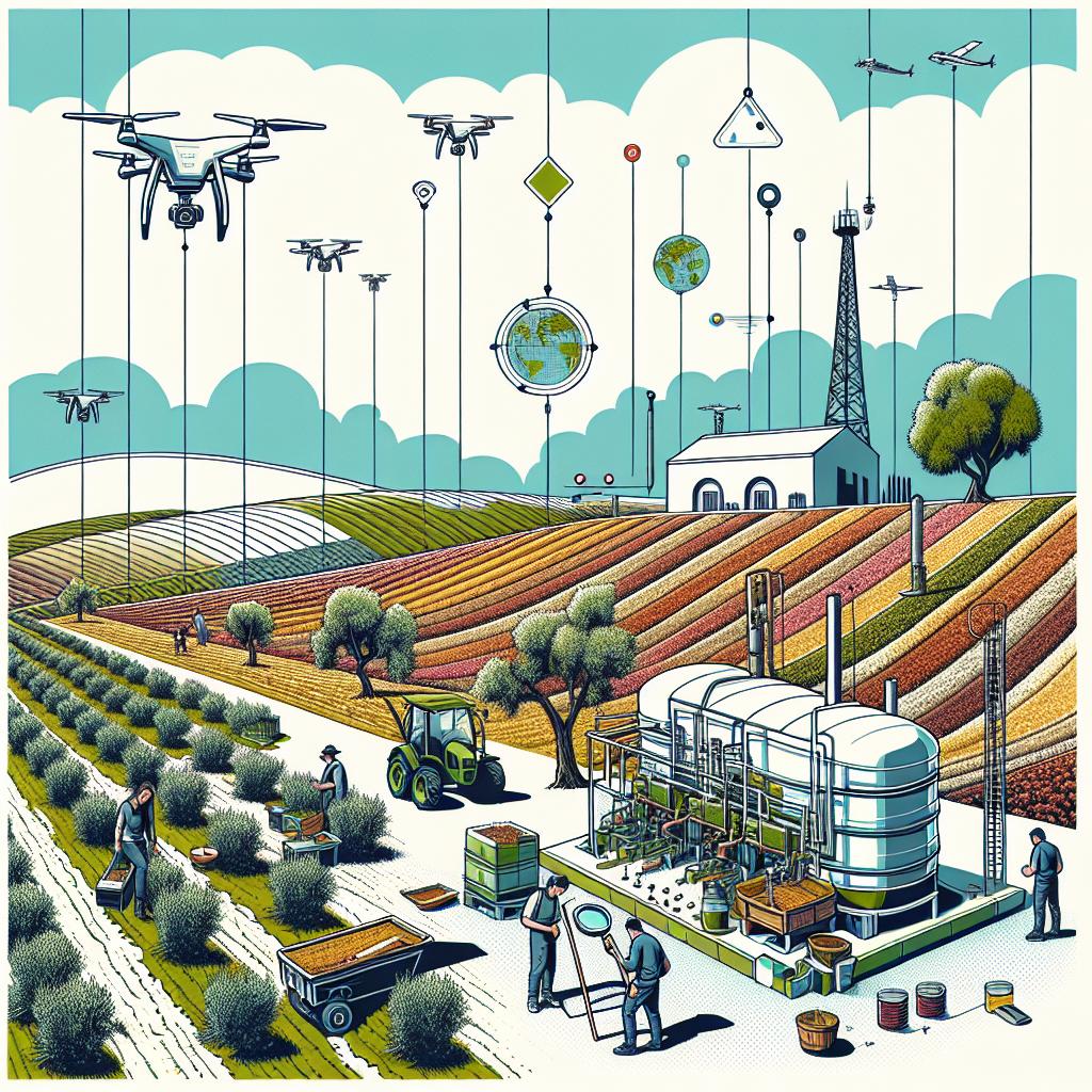 Create a 2D, linear perspective image set against a white, textureless background. It illustrates Colombian students from Universidad del Rosario and Turkish students from Istanbul Technical University working together on an innovative biogas digester project in a rural setting. Display the intersection of technology and farming with elements like drones symbolizing technological innovation in agricultural monitoring, and measuring equipment showing the students' technical approach towards the project. Include olive trees reflecting the rural landscape and the challenges faced by agriculture. Opt for a vector-like, flat corporate style using earthy and green colors to evoke themes of sustainability and nature.