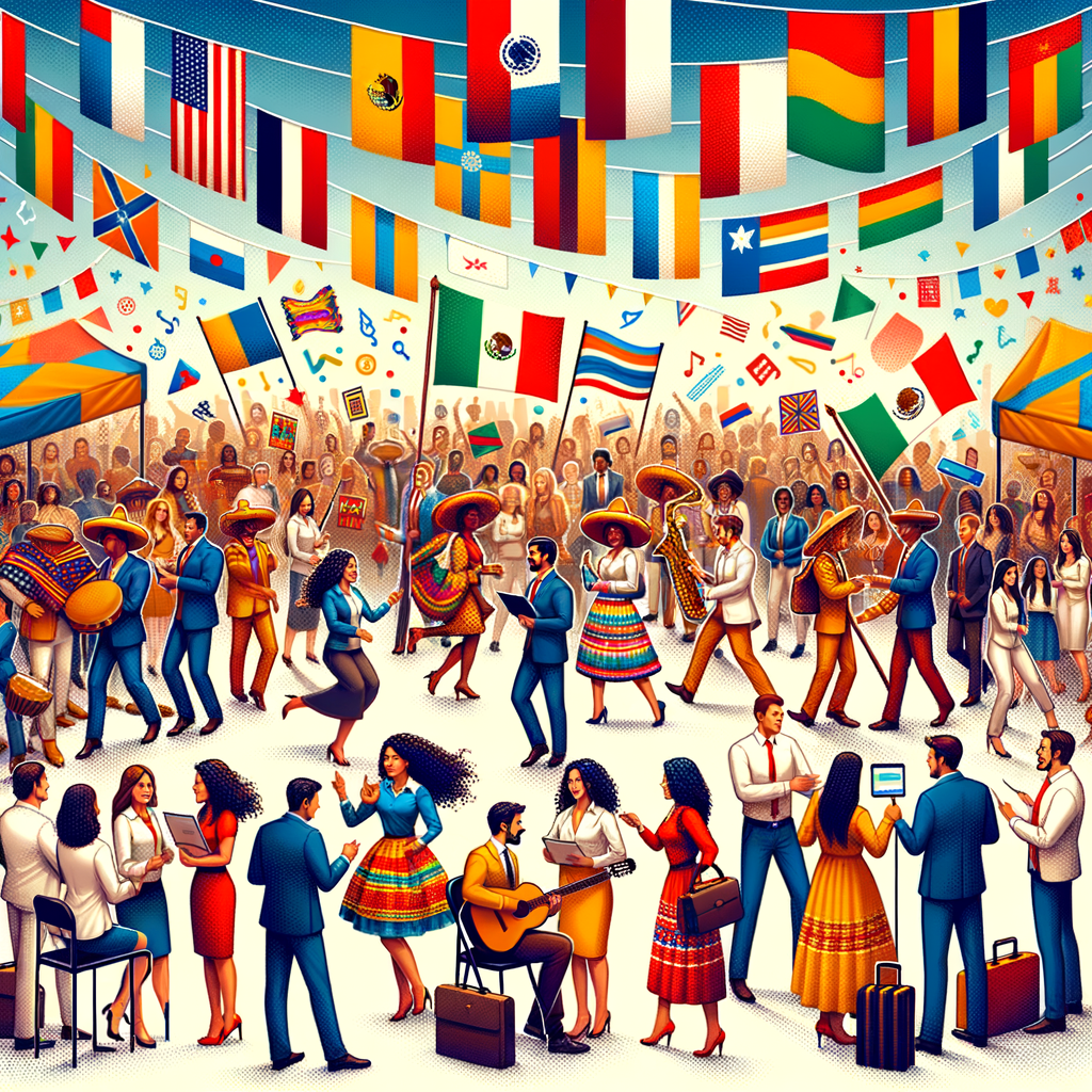 An engaging, vibrant 2D vector image in corporate style that portrays the celebration of Hispanic Heritage Month at Cloudera. Imagine a scene filled with Cloudera employees of various descents like Hispanic, Caucasian, Middle-Eastern, and South Asian divided by gender, all participating in the activities. The background is a plain white, textureless backdrop adorned with flags from Hispanic and Latino countries hinting at cultural diversity. Also picture students of all descents and genders receiving guidance to improve their LinkedIn profiles. Add elements of Hispanic culture like musical instruments and typical costumes into the festivities and array it all with a palette of vibrant colors to reflect cultural richness.