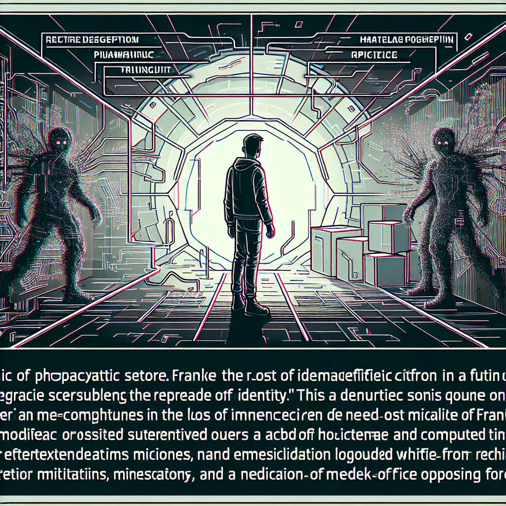Depict a scene from the post-apocalyptic science fiction story, 'Nexus Shift'. In it, Frankie, the protagonist, is embedded in a futuristic milieu, surrounded by garbled holograms and menacing shadows. This symbolizes his struggle against the loss of identity and the pressure he undergoes from opposing forces. Frankie's status quo is composed majorly of repetitive missions and a need for medication, which he often overlooks. Delineate this with a 2D, linear perspective, boasting a vectorial, corporate, and flat style, on a simple, untextured white background. Incorporate additional elements, such as neon light effects suggestive of the city atmosphere of MinneTech, to help paint a comprehensive picture of the narrative.