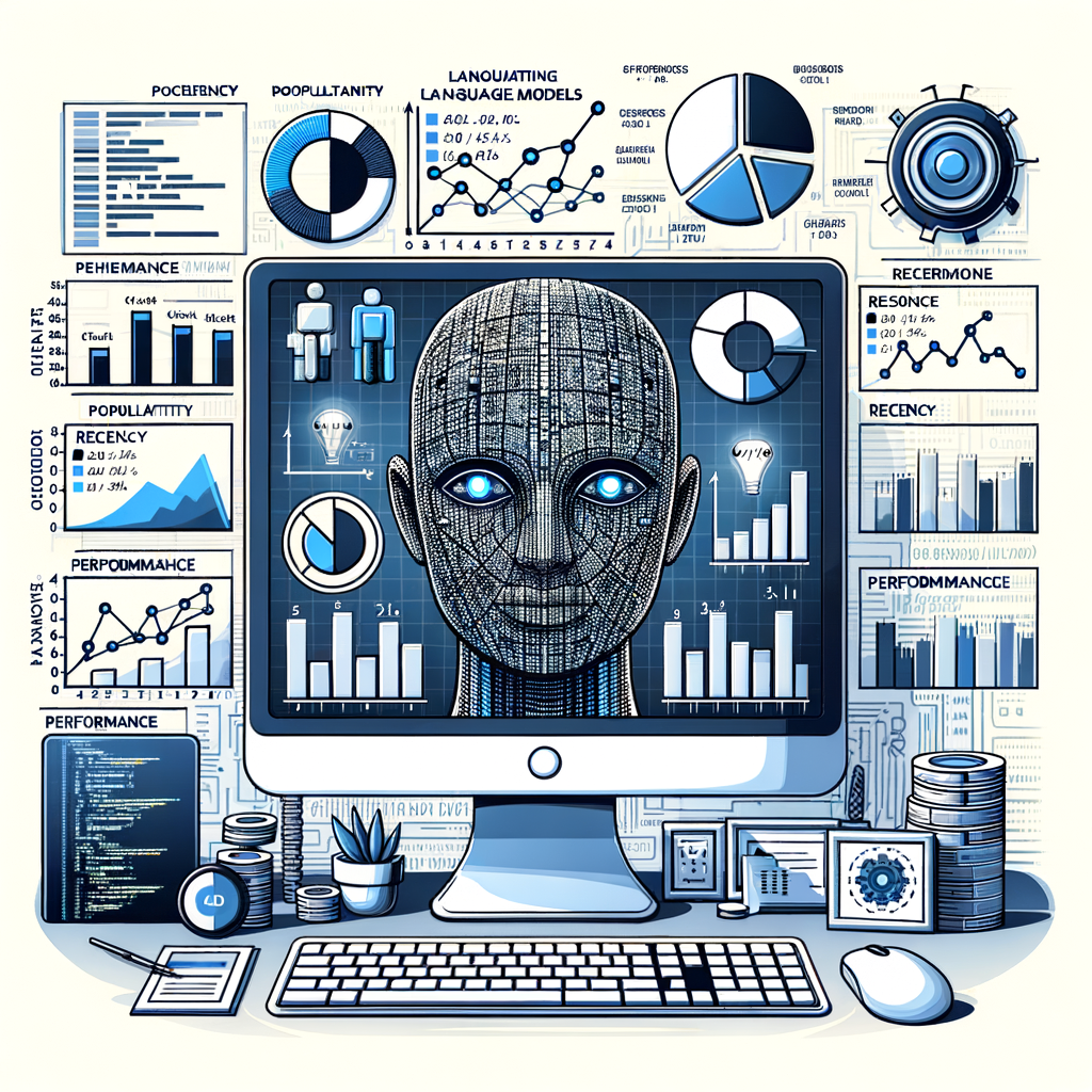 Construct an image in a flat, corporate, 2D vector and linear perspective style. The background should be plain and white, devoid of any textures. The main elements include a bar graph representing the scores of different language models, with icons highlighting populartity, recency, and expert acclaims. Layer in the background a computer screen filled with code, signifying technical usage and analysis of these models, alongside performance graphs indicating evaluation metrics. A technology-themed backdrop underlays all elements, reinforcing the context of artificial intelligence development and research.