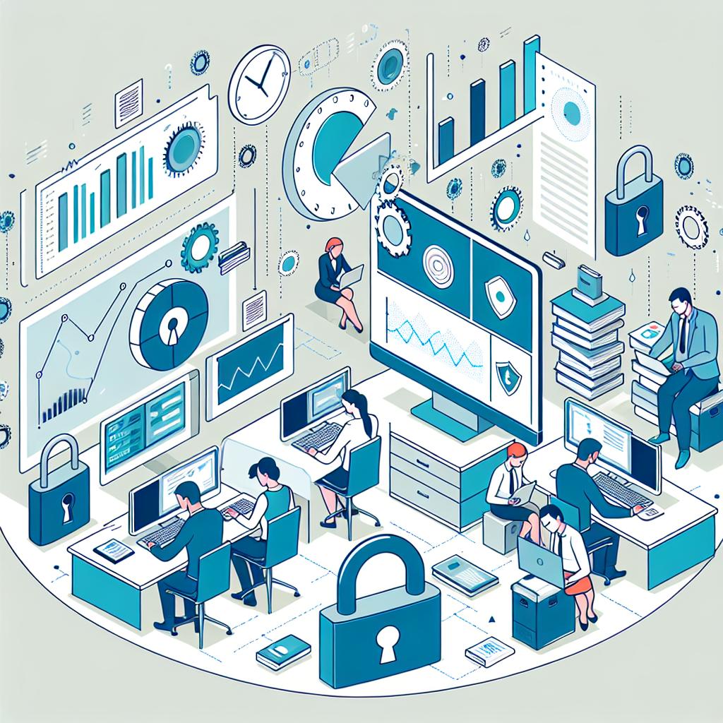 Create an illustrated, vector-style, flat, corporate image set against a white, untextured background. The perspective should be 2D and linear. Picture digital archivists of various descents and genders, engrossed in their work on computers. Around them, depict graphs and data, symbolising the large amount of information that needs to be preserved. Add locks in the scene to indicate the importance of data security while preserving information. Also, incorporate a clock, symbolising the urgency that comes with the task of preserving public data.