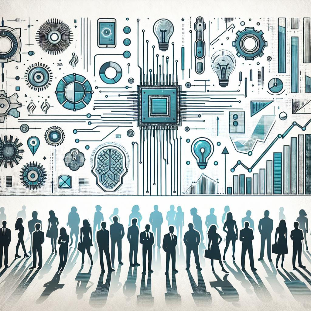 Create a 2D linear perspective image with vector, flat, and corporate style. Set against a plain, white, textureless background emphasizing the theme of advanced technology through a futuristic backdrop painted with a cool palette of silver and blue, evoking a feeling of modernity and technology. Depict the evolution of artificial intelligence through various illustrated elements. These should include: chip icons to symbolize AI hardware, growth charts denoting innovations and advancements, and silhouettes of diverse people from different descents such as Hispanic, Black, and Asian who represent human interaction with technology.