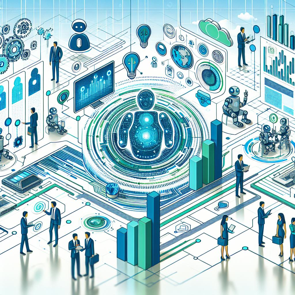 Create a futuristic 2D illustration visualizing the future of artificial intelligence in businesses, keeping focus on process optimization and service innovation up to 2025. The image should be presented with flat and linear corporate style themed in blue and green colors symbolizing technology and innovation. The corporate environment should be depicted meticulously blended with various AI technologies such as robots - signifying process automation, data charts - representing predictive analysis, and users interacting on mobile devices demonstrating the customer experience. The background should be texture-free and white.