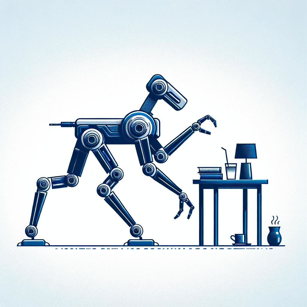 Create a 2D, vector-based, flat corporate-style image on a white, textureless background. At the center of the image is a quadrupedal robot, symbolizing the new era of robotic interaction. This robot is placed in a typical home setting, interacting with everyday objects such as a table, lamp, book, or a coffee cup. This symbolizes how practically robotics is applied to daily life. Make it feel real and powerful, showcasing how innovations in robotics are becoming a part of our daily routine.