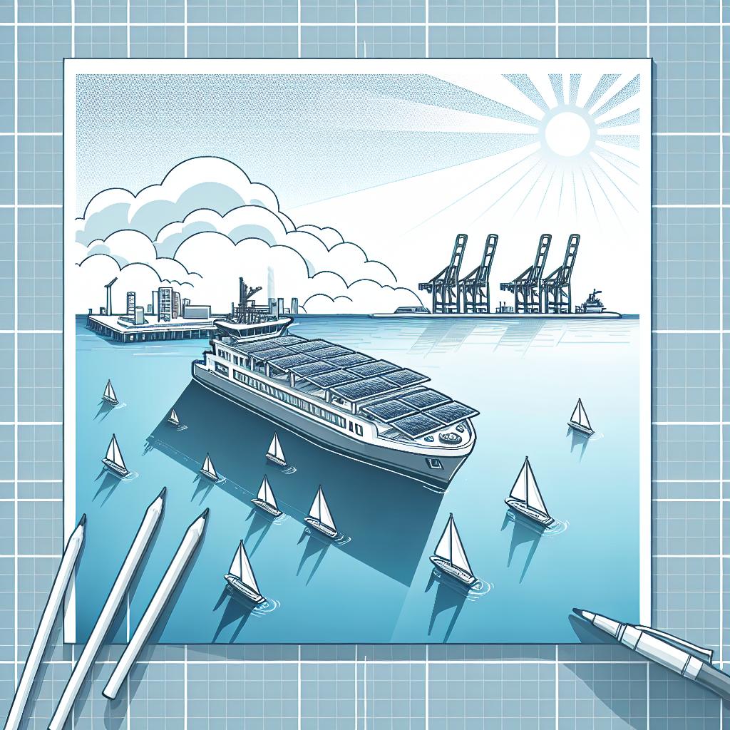 Create a 2D, linear perspective drawing in a corporate-style vector flat format. Picture a modern ship equipped with alternative energy technologies, floating on clear water, symbolizing environmental preservation. In the background, there's a port indicative of an energy hub. The sky above is spotless, illuminated by the sun's rays, signifying a pollution-free future. All these elements are set against a plain, white, and textureless backdrop, epitomizing a sustainable and innovative future in maritime transportation.