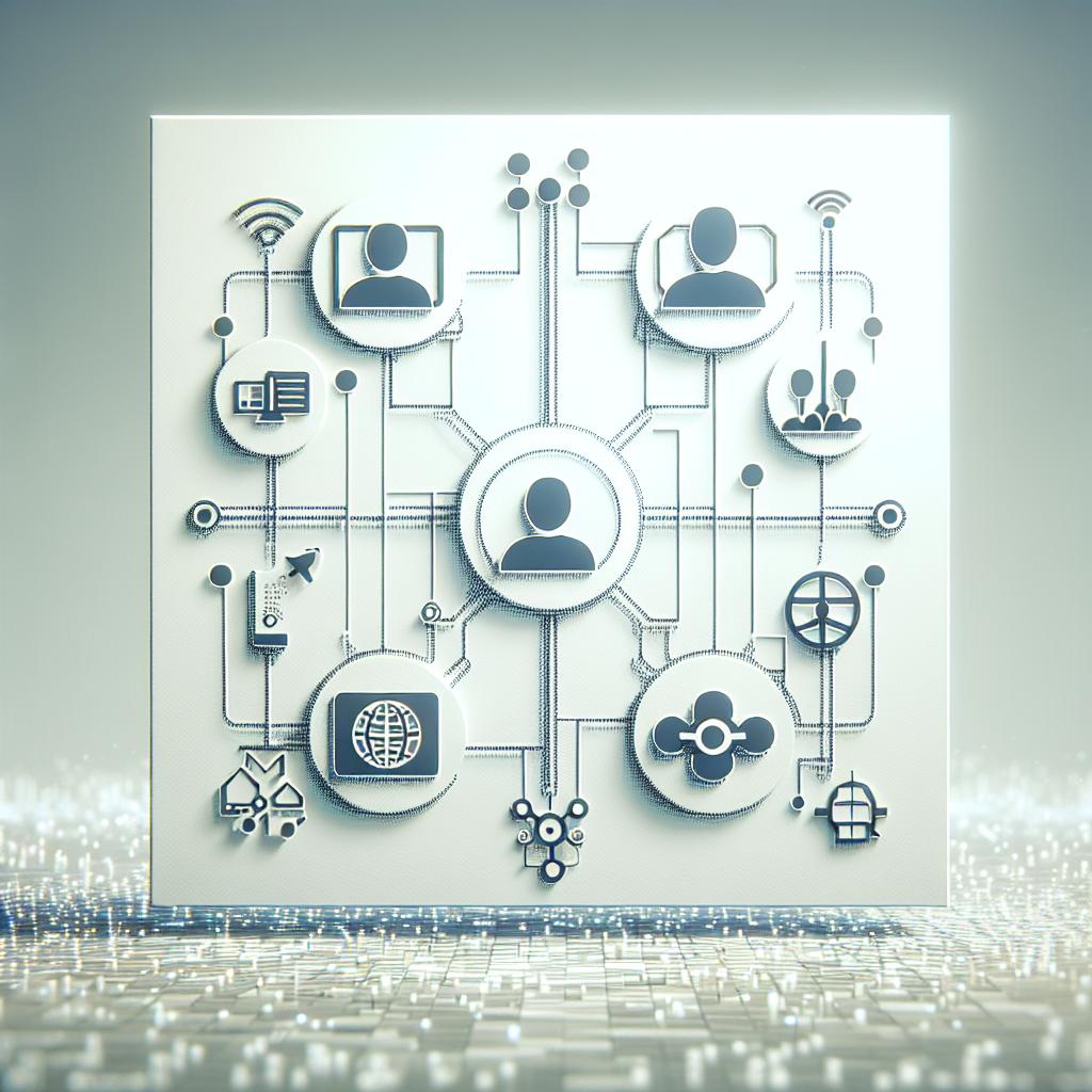 Imagine a 2D, vector-style, corporate-themed image representing the interoperability initiative among artificial intelligence agents. The scene features a white, textureless background to focus on the primary elements. Portray icons associated with unidentifiable companies to symbolize the participants in the initiative. Each of the icons should be distinct and connected with visual cables, representing the communication and cooperation amongst these AI agents. Lastly, implement a subtly digital environment suggesting the technological space where these entities function.
