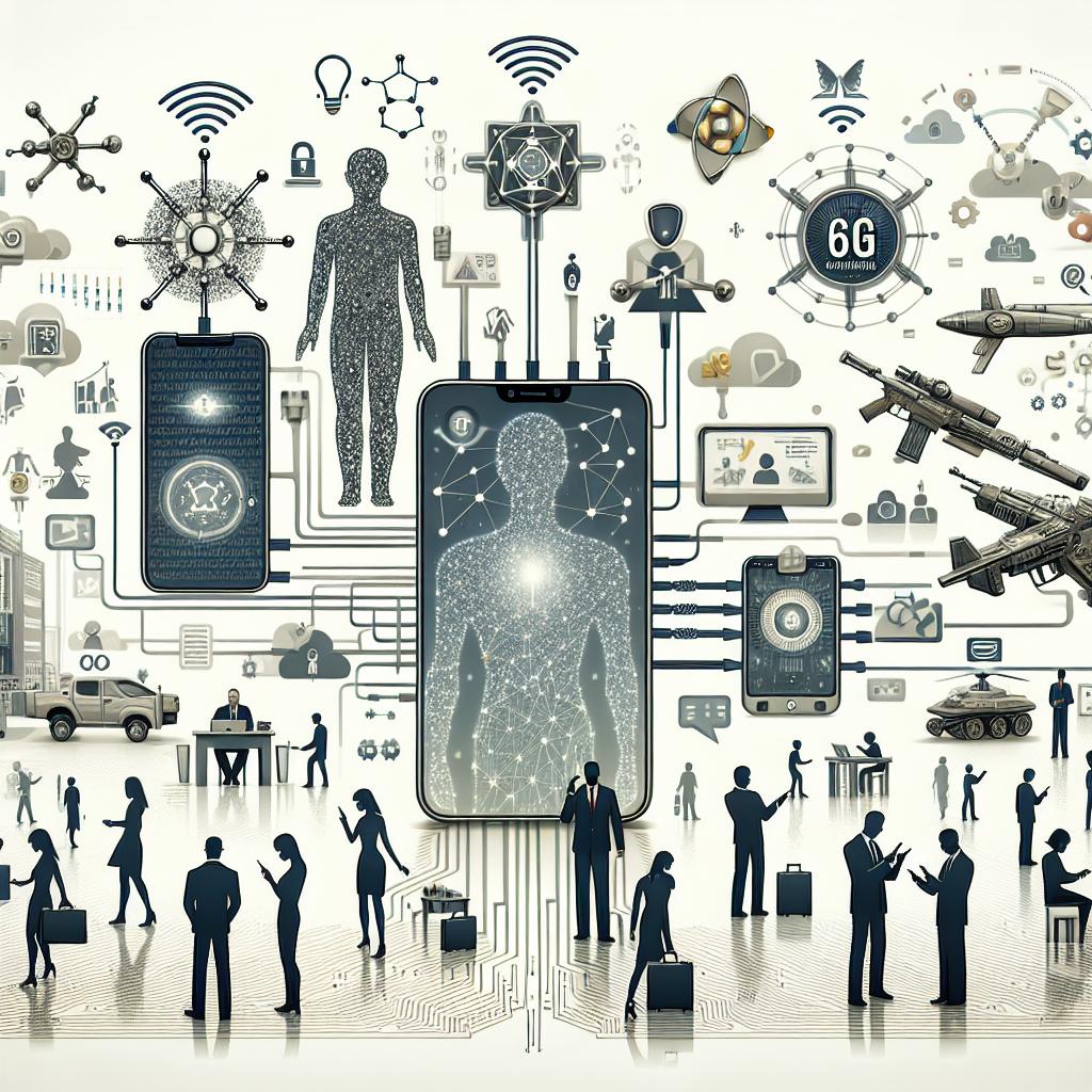 Create a futuristic 2D illustration in a corporate flat vector style. The image should depict interactions between humans and advanced technological devices such as smartphones with integrated artificial intelligence, representing everyday integration of technology. The background should be white and textureless. Additional elements should include symbols of quantum computing code, symbolizing advancements in computing, symbols of artificial intelligence illustrating its growth and complexity, 6G network symbols reflecting the evolution in connectivity and speed, and images of weaponry that reflect concerns over military development. The humans interacting with these advanced technologies should be diverse, including men, women and individuals of various descents such as Caucasian, Hispanic, Black, Middle-Eastern, South Asian, and White, equally depicted.