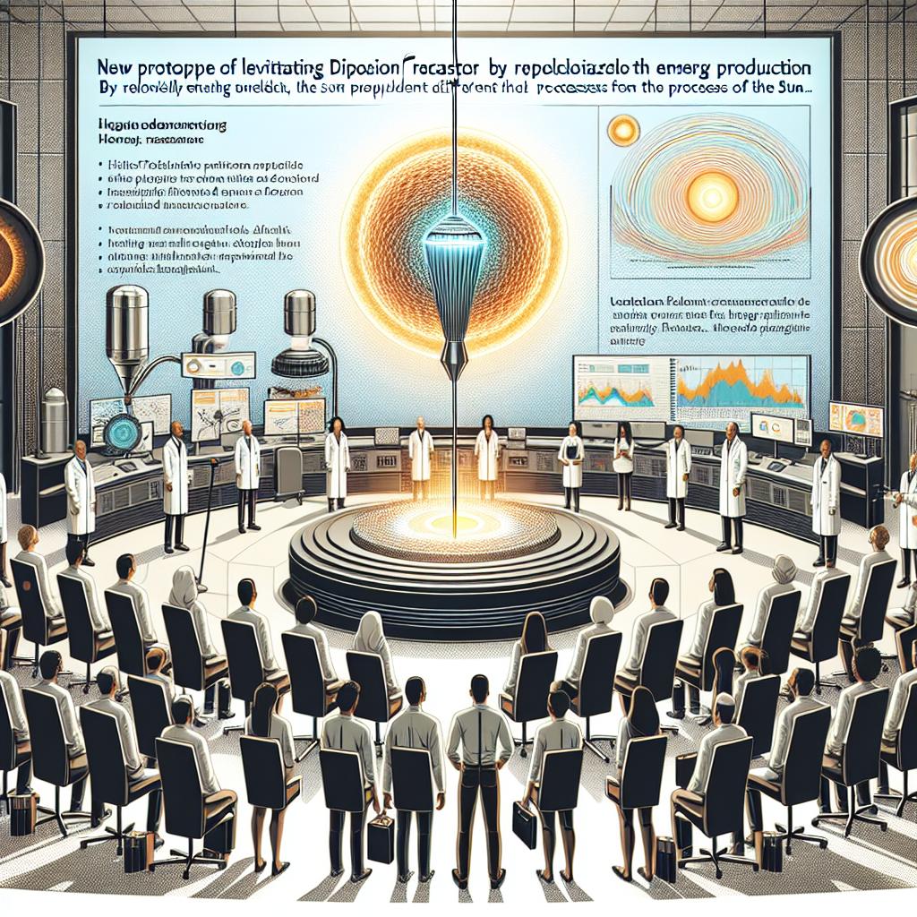Visualize an image in 2D, linear perspective. The main focus of the image is the presentation of a new prototype of a levitating dipole fusion reactor by OpenStar Technologies. This prototype promises to revolutionize energy production by replicating the processes of the sun, markedly different from the traditional donut-shaped structure. It's set in a controlled environment with scientists hard at work. They are of diversified descents, such as Caucasian, Black, Hispanic, Middle-Eastern, and South Asian. The genders of the scientists should be both male and female, highlighting diversity. The overall design follows a corporate, flat, vectorial style. Include elements like advanced holograms symbolizing technology and nuclear fusion graphics to visualize the discussed processes. The environment should be metallic, symbolizing innovation and technology with a white, texture-less background.