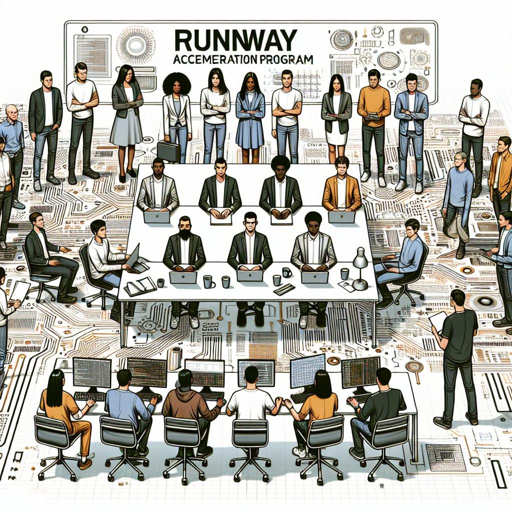 Visualize an image styled in a corporate, flat, and vector design from the 2D, linear perspective. On October 16, 2023, Runway announced the 'Runway Acceleration Program', a three-month project intended to transform software engineers into practitioners of Machine Learning, thus showcasing the importance of technical skills and learning ability over traditional academic formation. Picture software engineers of diverse descents – Middle Eastern, Caucasian, Black, Hispanic, South Asian, and White– collaboratively working in a creative and tech-laden environment, symbolizing transformation through education and innovation in AI, against a white, texture-less background. The elements in the scene should symbolize technology and collaboration.
