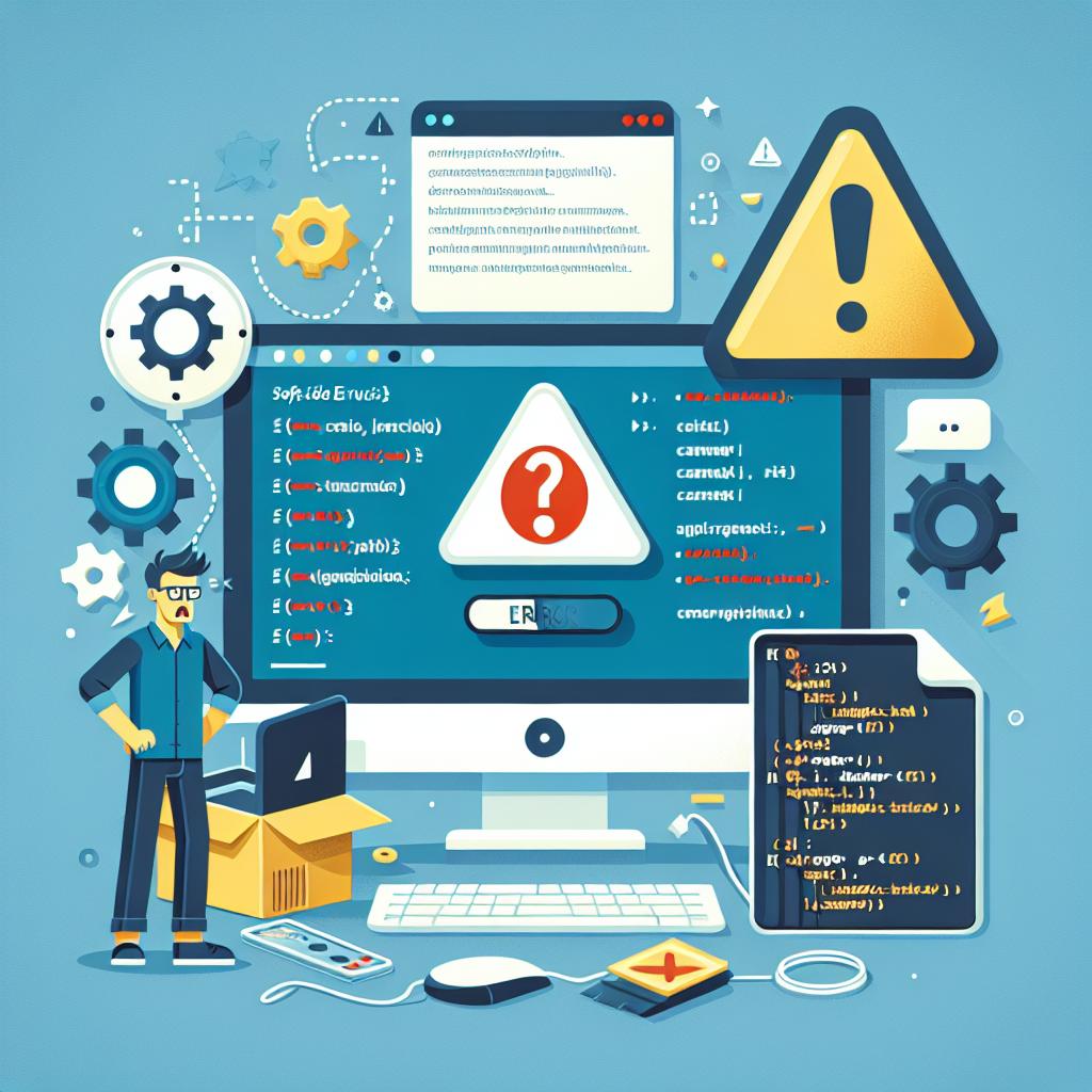 Create a corporate style 2D flat illustration on a plain white background. The image depicts an issue with an application, which is represented as a client-side exception. This representation underlines the necessity of proper monitoring and maintenance in digital environments. The main elements include a computer, symbolizing the digital environment where errors occur. Its screen shows an error message. There should also be a warning sign to represent the attention needed for software errors and programming code to emphasize the technical aspect of development and maintenance. Finally, there should be a depiction of a frustrated user, showing the negative impact these errors can have on the client's experience.