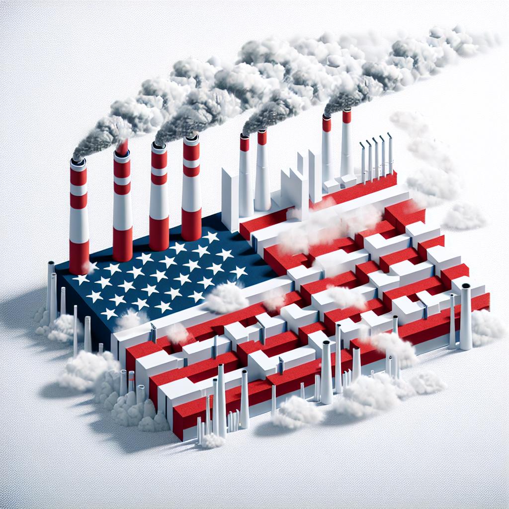 Illustrate a symbolic 2D, flat and corporate style image rendered against a white, texture-less background. The image should depict industrial chimneys arranged to form a flag of the United States, thereby symbolizing the nation's fight against carbon emissions. The background features pollution clouds highlighting the urgency of the climate issue. The industrial chimneys should symbolize the industry and its role in emissions. Use the colors of the American flag to symbolize national identity as it tackles the climate crisis.