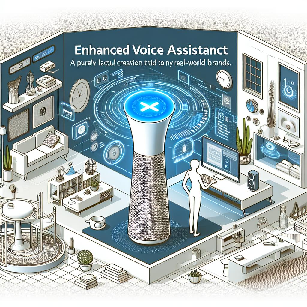 Generate an image in a vector, flat, and corporate style, set in a 2D linear perspective. The background should be white with no texture. The scene depicts an enhanced voice assistant (a purely fictional creation not tied to any real-world brands) in a home setting. The home setting showcases modern, smart devices and mixed model interoperability for a truly technological environment. Include a figure representing a user interacting with the advanced voice assistant. The scene should creatively portray proactive user interaction with the advanced voice assistant.