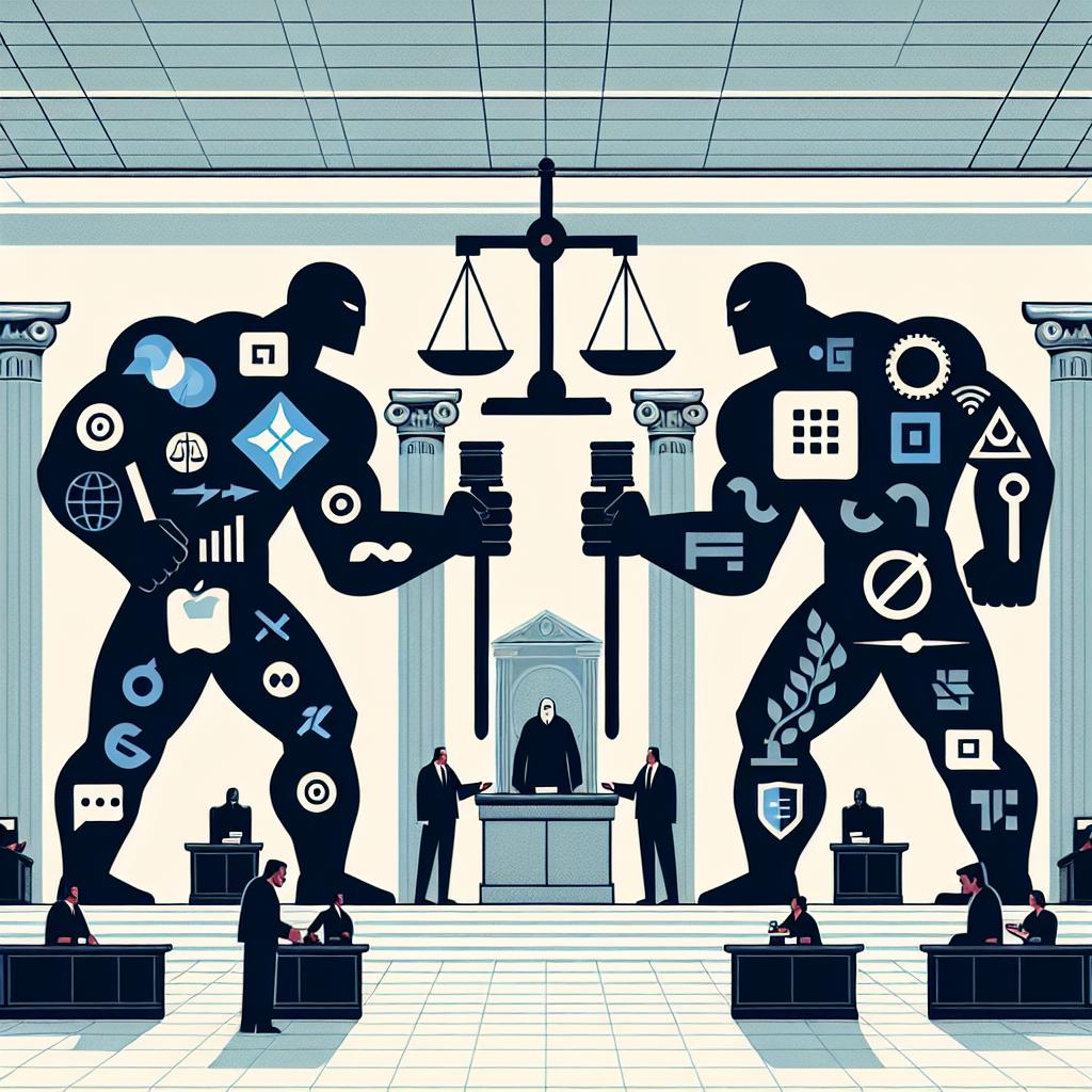 An artistic representation of a legal dispute between two tech titans. They are set in a court setting, symbolizing the legal battle. The giants are associated with simple logos to represent the companies involved, with no specific company names attached. Each logo is unique, respecting policy #6. There are also symbols of justice present such as scales and gavels to signify the judicial process. The design style is flat and corporate, utilizing 2D linear perspective and has a clean, untextured white background. The image is minimalist in style, and executed in vector illustration.