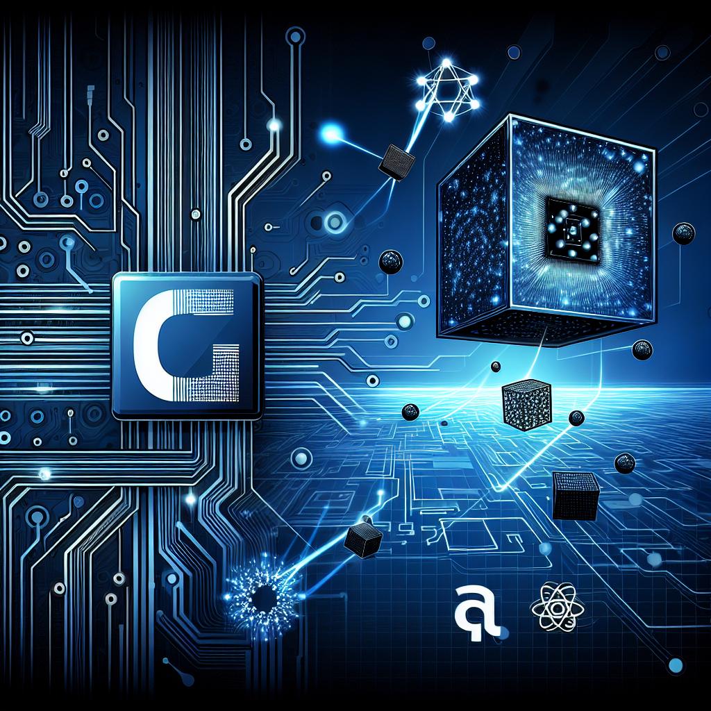Create a stylized vector-themed 2D image demonstrating the partnership between a distinguished graphics processing technology company and a well-known internet technology company. The modern style of the flat corporate design, and a linear perspective is to be employed. The image's technology background should have circuits symbolizing quantum technology and floating representation of qubits, the primary component of quantum computing. The image should also bear abstract logos of the collaborating technology companies. An intense dark blue background should be present to give a sense of advanced technology. The overall illustration needs to convey the partnership's aim to optimize the design of future quantum computing devices.