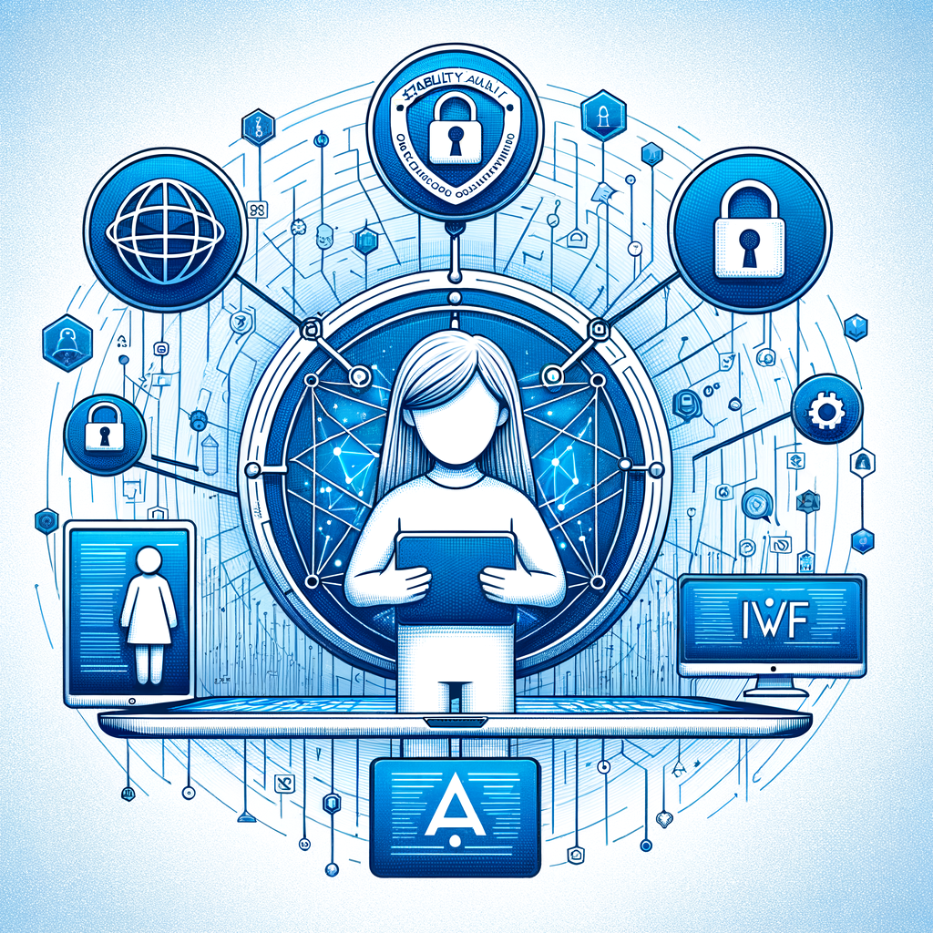 Create an image showcasing a collaboration between the Stability AI and IWF to protect children from online sexual abuse. The image should be in a 2D, linear perspective. It should include the following elements: logos of the two organizations, a child of any gender and any descent holding a tablet signifying the target audience of protection, a digital padlock symbolizing online security, and a network of digital connections showing the spread of content on the internet. The image should also have a vectorial, flat, and corporate design style. Use a white and texture-less background with a blend of blue and white hues, colors commonly associated with technology and trust.