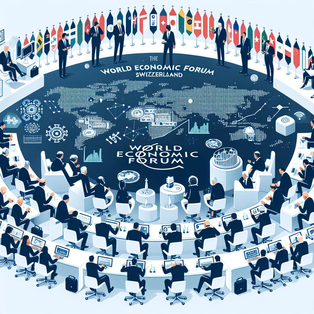 The World Economic Forum in Davos, Switzerland starting at a day of noteworthy local events, is marked as a vital gathering for CEOs and investors. The meeting features discussions on fiscal policies, tariffs, and advancements in technology, particularly in artificial intelligence and cryptocurrency. The image will be created in a vector-based, flat, corporate style with a clean white, textureless background. Shown in a 2D, linear perspective, extra elements should include: Business leaders of various descents and genders, representing the global elite in strategic future discussions, national flags symbolizing the diverse participation, and images of technology which includes graphs and equipment representing innovation.