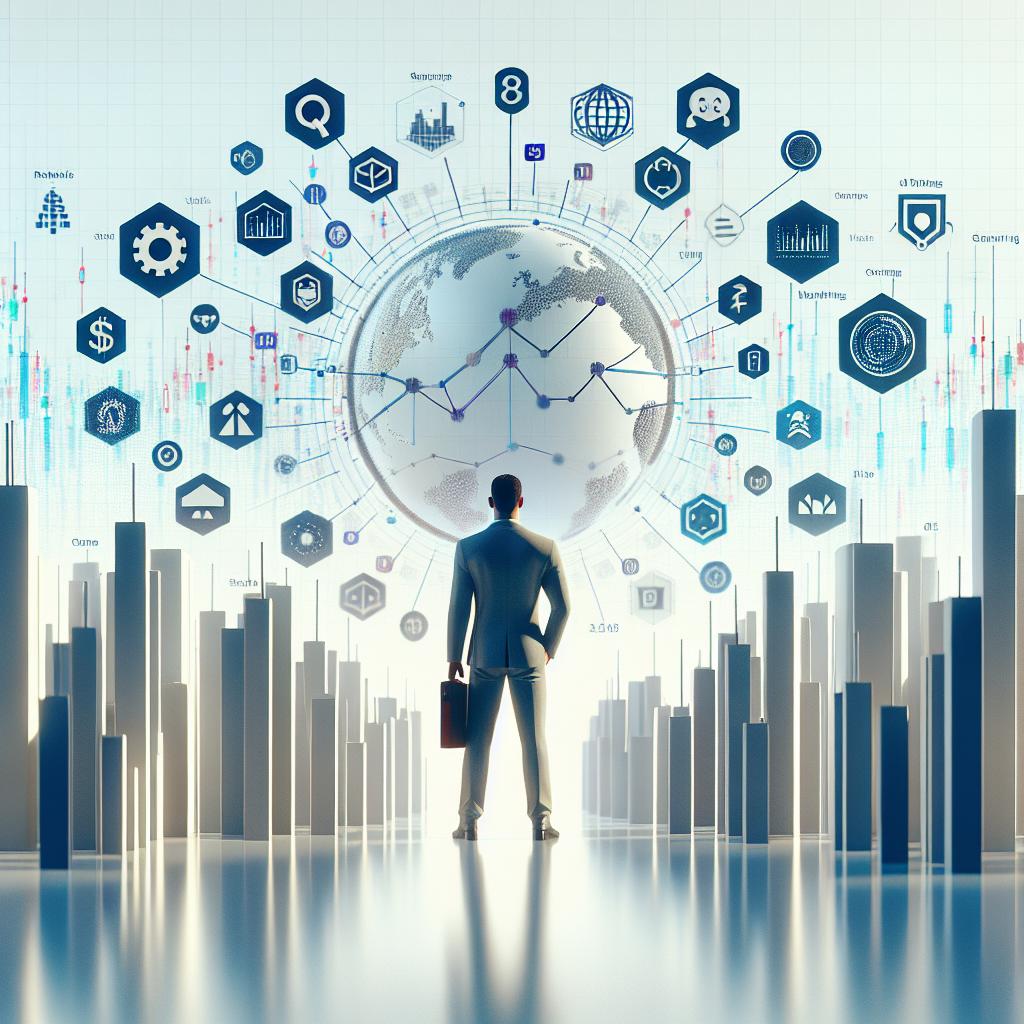 Create a 2D corporate flat-style image on a white, textureless background. This image should depict the competitive environment of big tech companies, as they announce their impactful financial results during the first week of November. The focus of this image is the growing influence of artificial intelligence (AI) in shaping these tech giant's market outlooks, and investor reactions. This atmosphere should be represented through performance charts highlighting financial growth and challenges, AI symbols representing technological focus, and generic logos symbolizing major market players without showing the exact logos of any real-world companies. The perspective should stay linear.