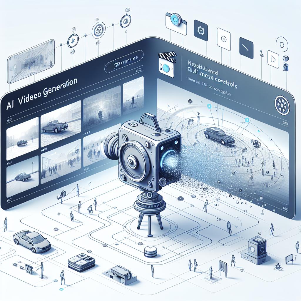 Render an image envisioning an innovative AI video generation feature by a New York-based startup with funding from tech companies. Show a split screen comprising scenes generated by the startup, depicting various angles and effects triggered by the new 3D camera controls. The style should be vectorial and corporate with a flat 2D linear perspective on a white, texture-less background. Elements to be included are a 3D camera representing the new camera controls, scenes from a movie indicating the possibilities with the startup's technology, and logos of the startup and its strategic partners.