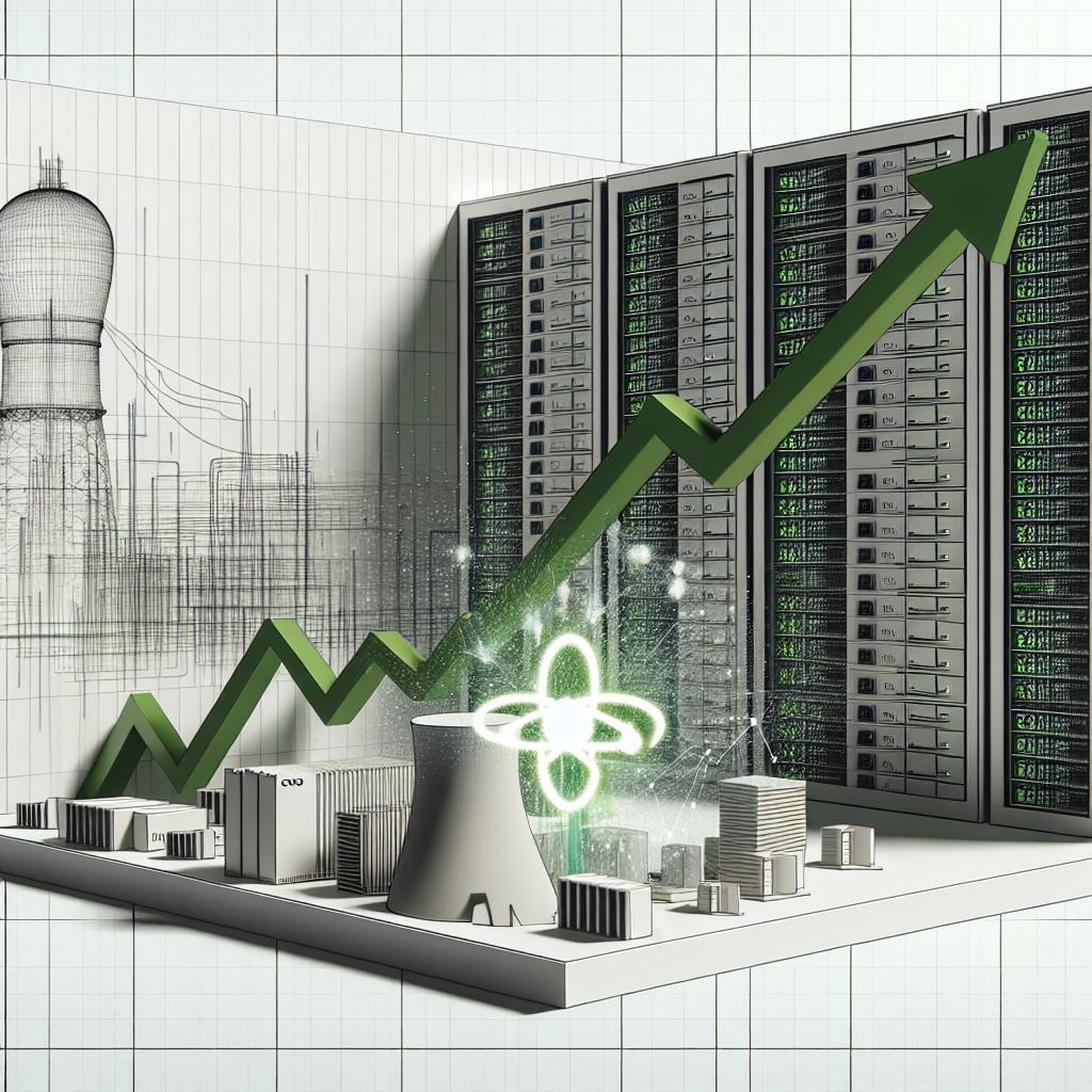 Show me a 2D vector-style, flat, corporate image on a white, textureless background. A line graph occupies a part of the image. The line starts low on the left side of the graph and ascends dramatically towards the right side, symbolizing the soaring value of Oklo Inc.'s shares. Line graph is colored in green to represent growth. In the backdrop of this graph, there is a modern data center full of humming servers, representing the boom of the artificial intelligence sector. Also include an image of a nuclear reactor to symbolize the focus of Oklo, the company whose share prices are represented.