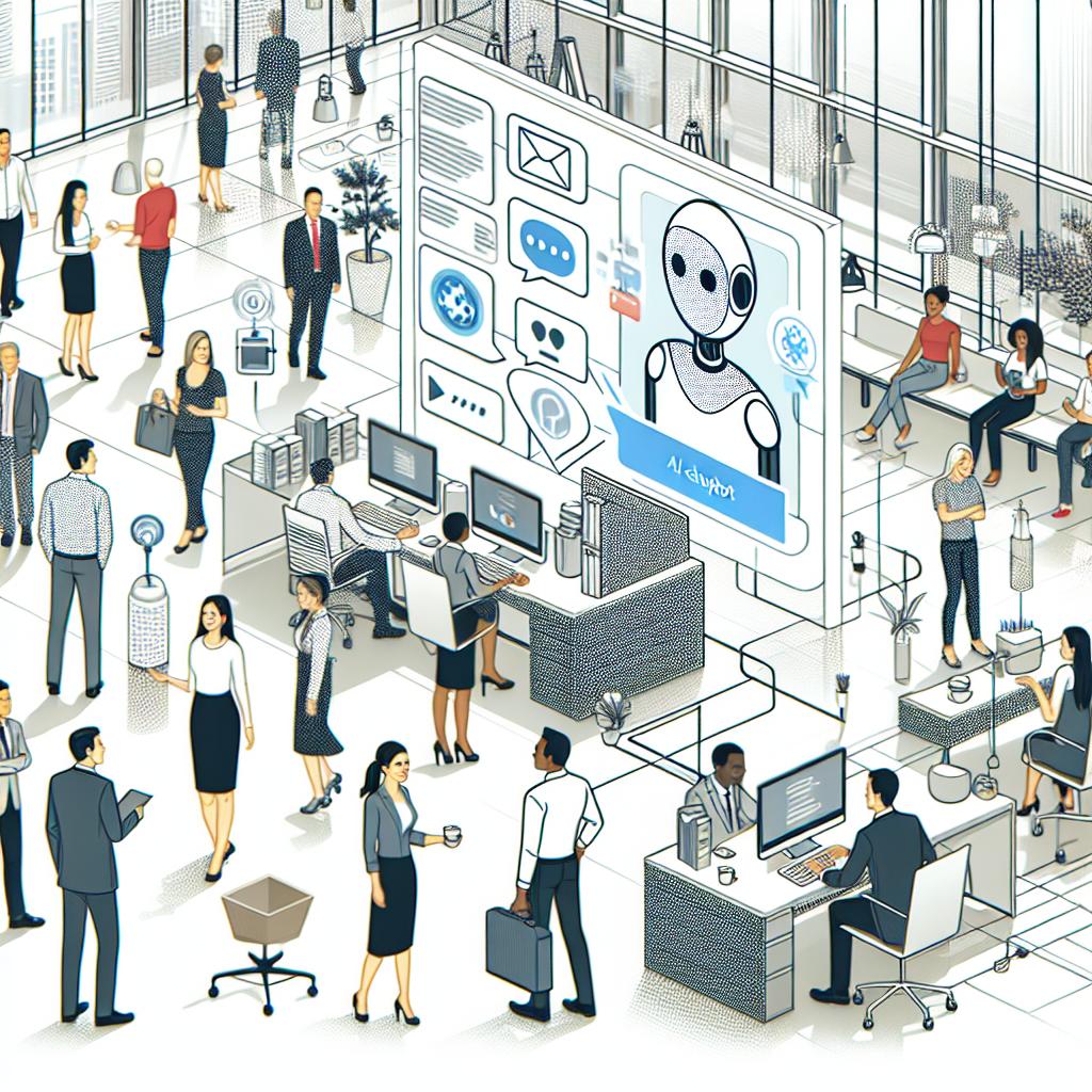 Create a visual representation of the ChatGPT Gov in action within a modern office environment. The scene should be in white, untextured background with flat corporate style. The illustration is in 2D with a linear perspective, showcasing a variety of employees, men and women of different descents including Caucasians, Hispanics, Blacks, Middle-Eastern, and South Asians. The AI chatbot typified, is seen interacting with these users. Emphasize on innovative features of technology in the background. Incorporate visual elements symbolizing increased efficiency and positive impact brought about by this change.