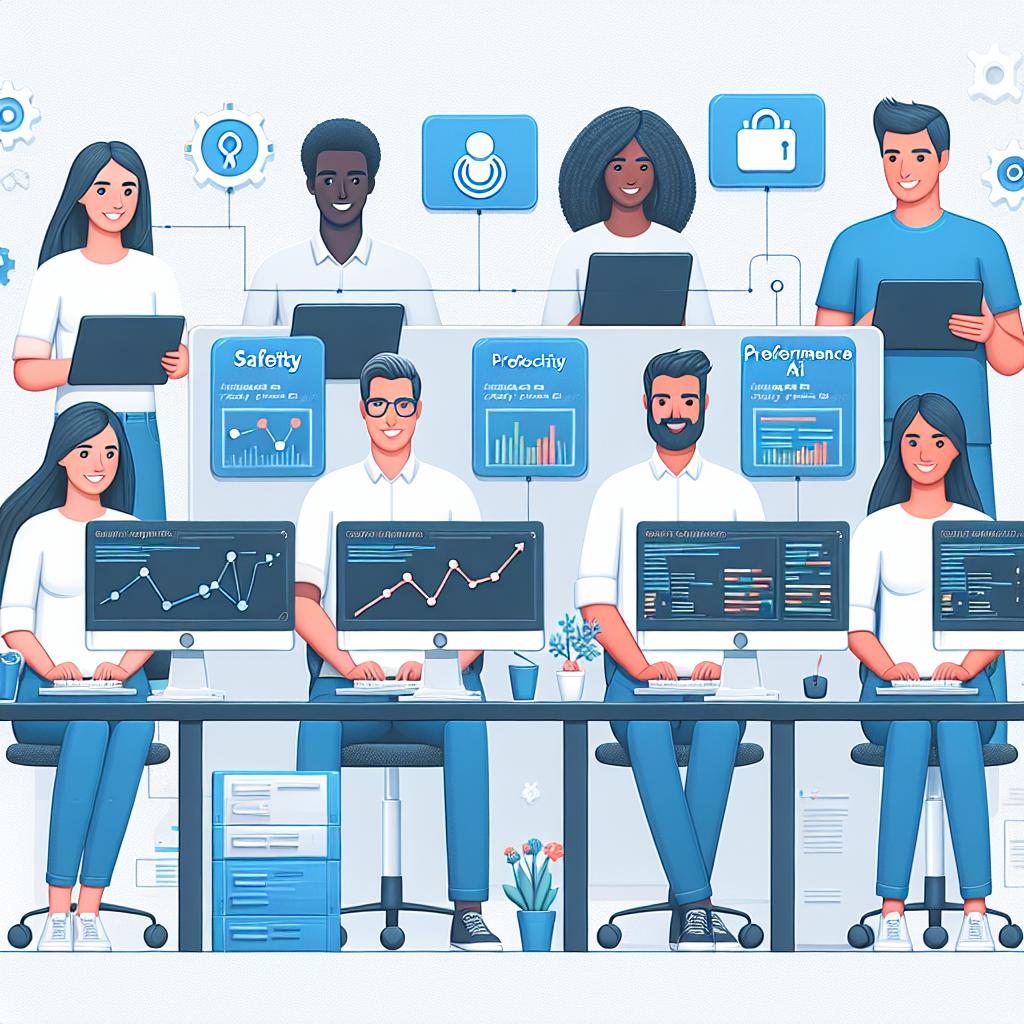 Create an image in the modern, flat, and corporate style using 2D, linear perspective. On a white, textureless background, depict a group of diverse developers - Caucasian female, Black male, Hispanic male, Middle Eastern female, and a South Asian female – happily interacting with AI tools on their computers. These computers should also depict performance charts signifying an increase in productivity with the new solution. Include safety icons around the computers and the developers, emphasizing data protection. This represents the high productivity and engagement of the developers with Codeium's new hybrid deployment model for their programming assistance tools.