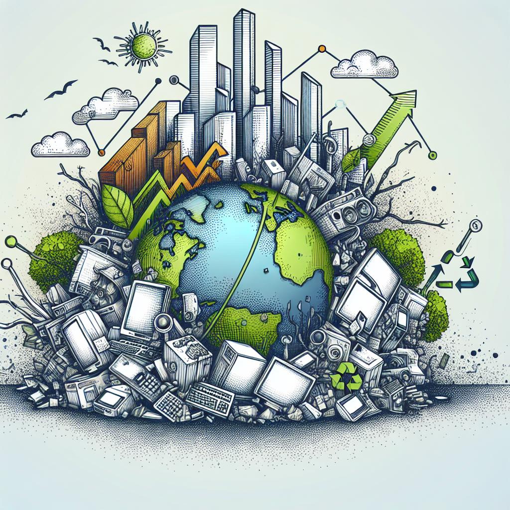 Create a 2D, linear perspective, vector-style image that carries a corporate feeling with a texture-less white background. Illustrate the impacts of e-waste, with decaying electronic devices representing the e-waste issue. Show natural elements deteriorating, symbolizing the environmental impact. Additionally, incorporate recycling charts that serve as potential solutions to this pressing problem.