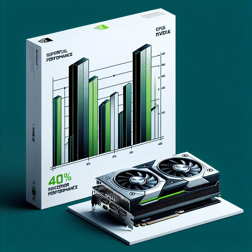 A sleek, corporate-style, vector flat image on a plain white, texture-less background. The 2D, linear perspective showcases the new NVIDIA L40S GPUs. Next to them stands an illustrative comparative bar chart, highlighting 40% superior performance of L40S over A40s. To reinforce the brand's identity, include a carefully abstracted logo that could be associated with a tech company, without directly referring to NVIDIA. Emphasize hues of green and blue, symbols of technology and innovation.