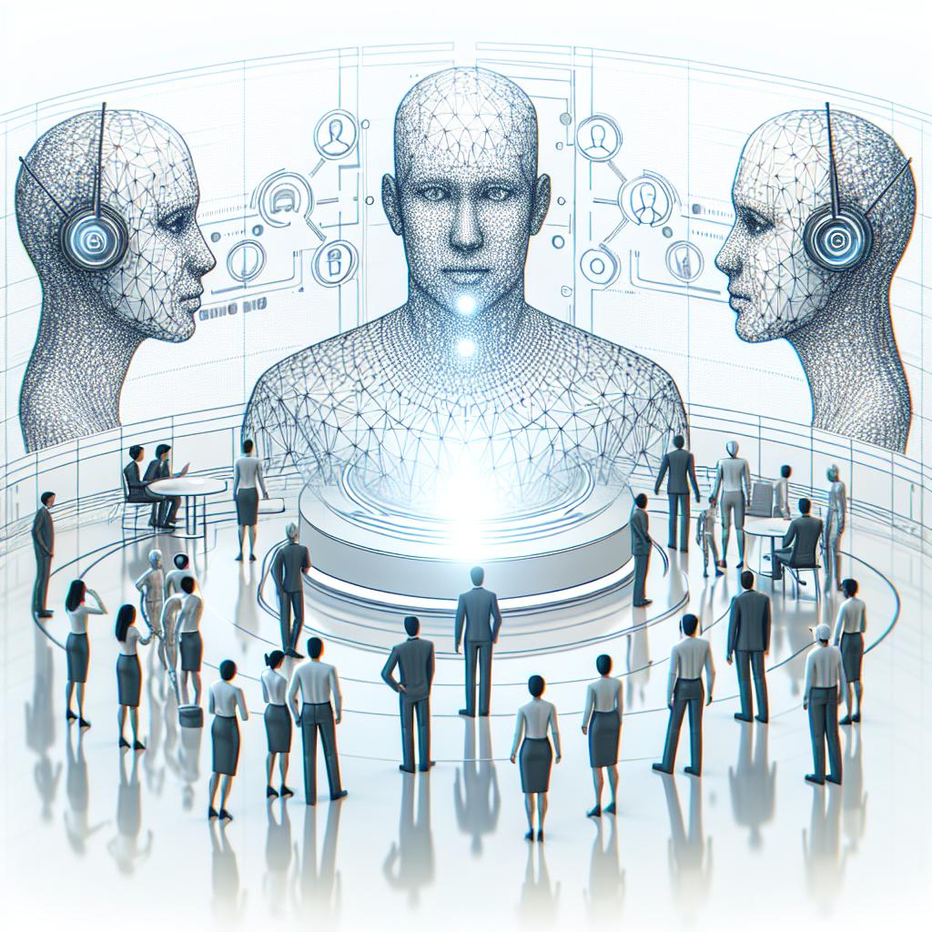 Depict a 2D linear perspective, vector-drawn, and corporate-style scene set in a futuristic, high-technology environment on a white, untextured background. Two realistic, autonomous holograms are shown engaging in real-time, generative dialogues. These holograms are general representations of corporate leaders, to portray them accurately, keep the gender and physique similar but introduce small modifications to avoid specific identities. The holographic technology symbolizes innovation in interaction and communication. Also, add humans of varying descents and genders interacting with the holograms to emphasize the interaction between humans and artificial intelligence.