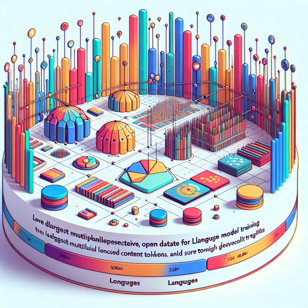 Create a 2D linear perspective, vector-style, flat corporate image that represents the distribution of data in the recently announced Common Corpus dataset. The dataset, which is the largest multilingual, open dataset for language model training, contains over 2 trillion licensed content tokens aiming to democratize artificial intelligence development and ensure high data quality. The image has a white, textureless background with vibrant colors symbolizing linguistic diversity. There are bar graphs illustrating the number of tokens per collection and markers in different languages indicating the vast reach of the dataset.
