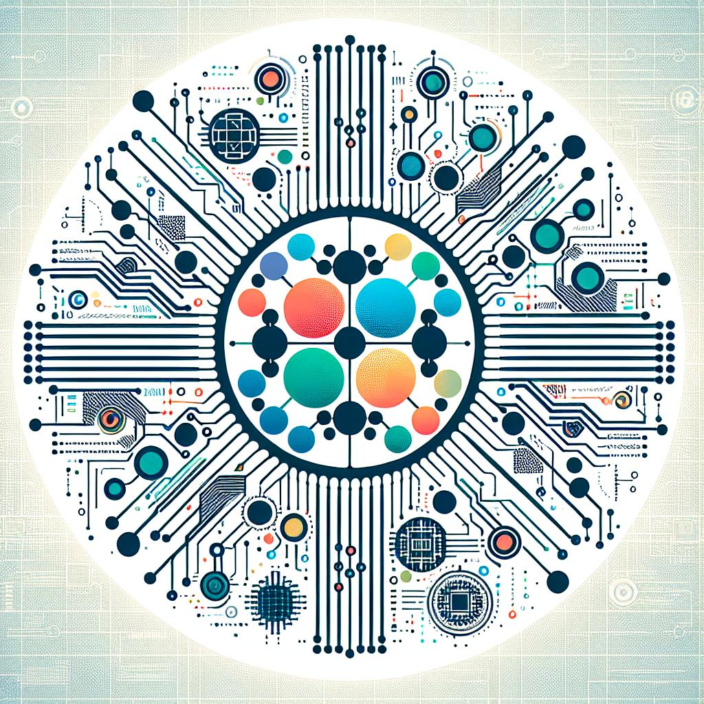 The image is a 2D, flat, vector-style illustration set on a white, textureless background. It embodies a corporate theme showcasing the integration of traditional chip design techniques and artificial intelligence tools in chip design. At the center of the composition are interconnected circles, signifying the collaboration between different techniques. These circles incorporate vibrant colors to emanate a sense of energy and innovation. Overlaying this are circuit graphics, symbolizing chip design. To reflect the environment of innovation, a high-tech background is subtly incorporated into the design.
