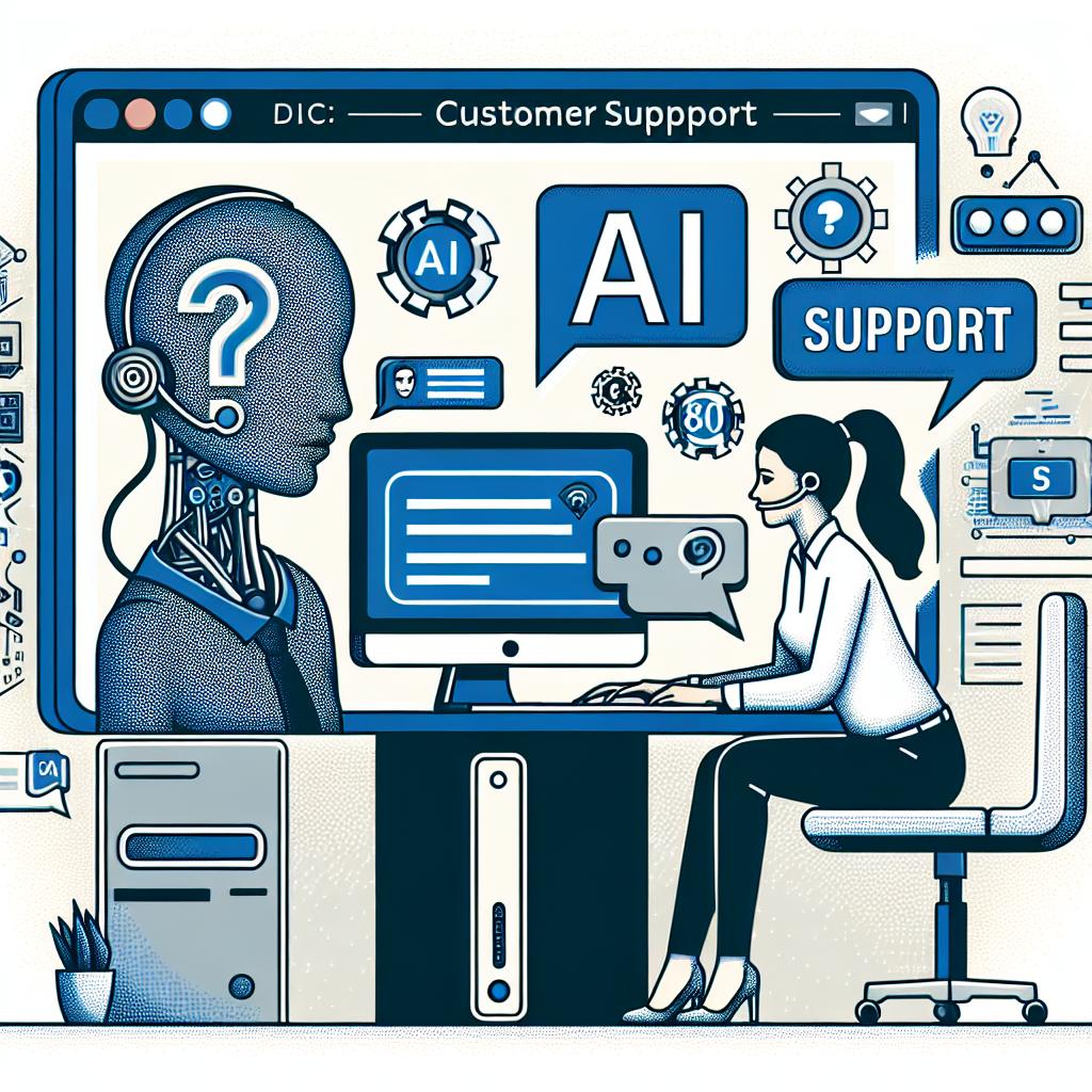Create a flat, vectorial, corporate styled image in 2D linear perspective. The image should depict an artificial intelligence customer support agent operating on a computer, which successfully manages more than 80% of support questions, showcasing the potential of AI to lighten the customer service load, while still emphasising the importance of human-based support for complex issues. A user, a Caucasian female, is shown interacting with the AI agent. Dialogue balloons are displayed to represent the communication between the AI agent and the user. The background of the image is white and textureless, filled with technology and innovation related elements. Incorporate the corporate colors of a fictional tech company for emphasis on the brand's visual identity. Include symbols of AI and customer support to symbolise the theme of the illustration.