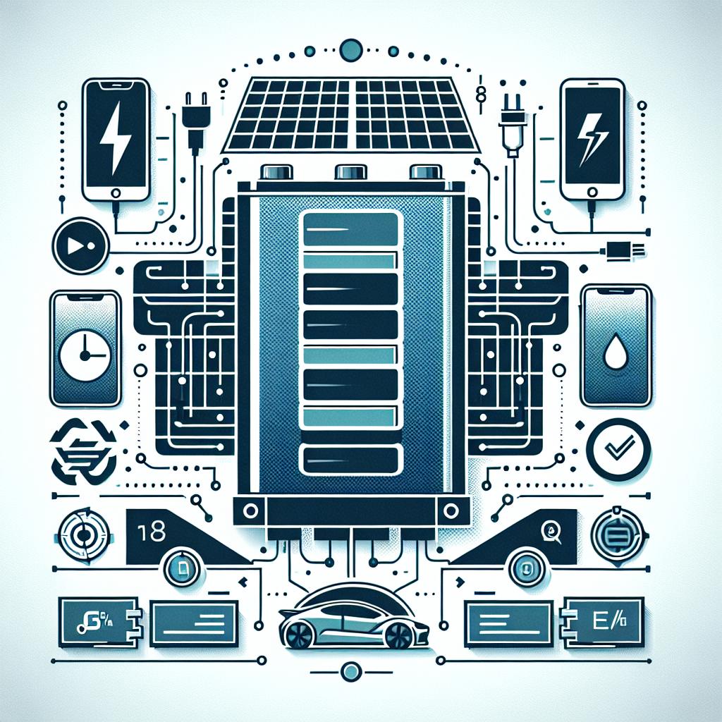 Design a 2D, linear, flat, and corporate-style image representing the advancement in the field of silicon batteries. It is set against a plain, white, and texture-less background. The picture must include a highlighted silicon battery symbolizing technological innovation. The aesthetics should lean towards futuristic shades to emphasize the essence of innovation and technology. The image should also feature illustrations of smartphones and electric vehicles (EVs), indicating their applications. Quick charging symbols should also be present, representing efficiency. Incorporate generic logos portraying the competitiveness in the sector, but avoid using specific company logos.