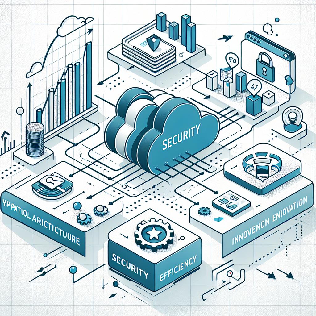 Create a 2D, flat, corporate-style vector image on a white, textureless background. The image should depict an illustration of the integration between cloud and on-premises environments, emphasizing security, efficiency, and innovation. Show a hybrid operational architecture with security and efficiency icons. Additionally, incorporate specific elements such as a cloud icon representing cloud infrastructure, a padlock symbolizing data security, growth charts to indicate growth and efficiency, and moving arrows to represent the dynamic nature of the data flow.