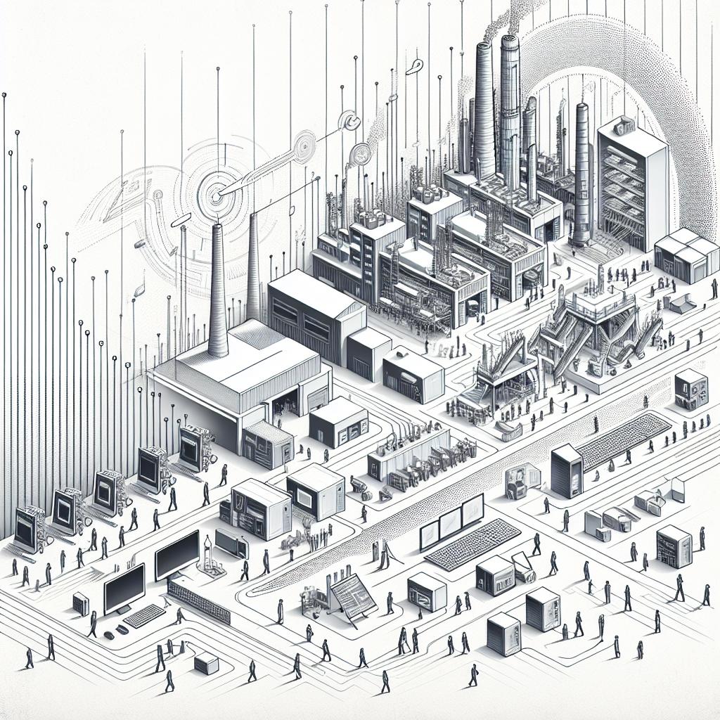 Create a 2D, flat, and corporate style image that symbolizes the new era of Lenovo's technology. In this white, texture-less background, illustrate an evolving timeline of Lenovo's PCs, embellished with the technology of artificial intelligence. The scene should depict modern factory buildings, signifying the expansion of their production, as well as diverse workers in technologically advanced environments, representing Lenovo's workforce. Also include Lenovo's logo to reinforce the brand identity. Please note all elements should fall in line with a linear perspective.